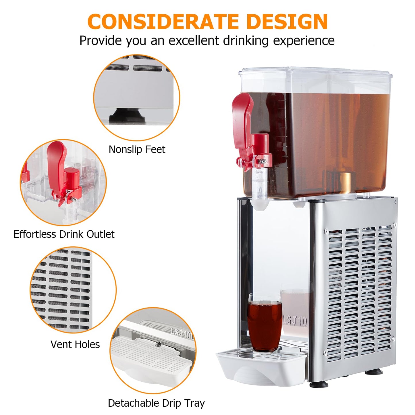 Commercial Beverage Dispenser, Towallmark 1 Tanks 2.64 Gallon 10L Commercial Juice Dispenser, 10 Liter Per Tank, 180W Stainless Steel Food Grade Ice Tea Drink Dispenser with Thermostat Controller