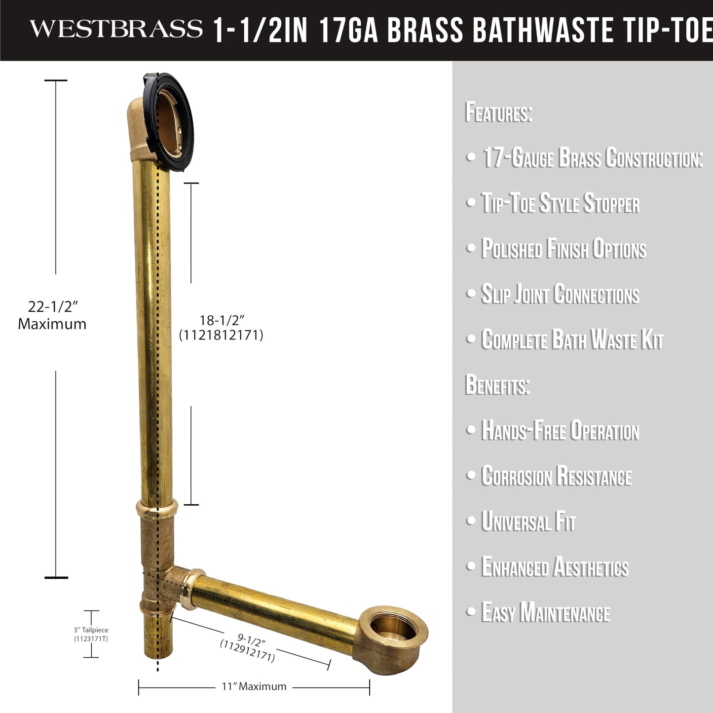 Westbrass A324-62 22-1/2" Bath Waste & Overflow Assembly with Trip Lever and Beehive Strainer Grid Drain, Matte Black