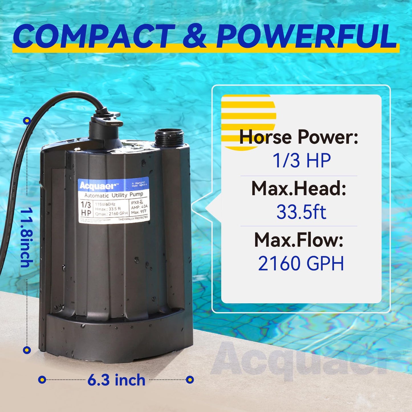 Acquaer 1/3 HP Submersible Water Pump, 115V Sump Pump with 3/4” Garden Hose Adapter, 2160 GPH High Flow Water Removal for Swimming Pool Cover Hot Tubs Flooded House Basement, Black