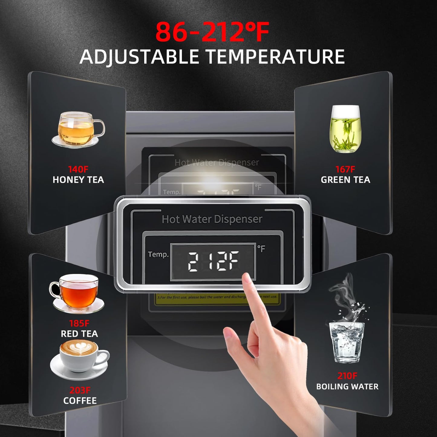 Commercial Hot Water Dispenser Commercial Water Boiler Electric Countertop Hot Water Machine Black 25L(6.6GAL)/Hour Step-heating 86-212°F Adjustable for Boba Tea Coffee Office Restaurant 1600W