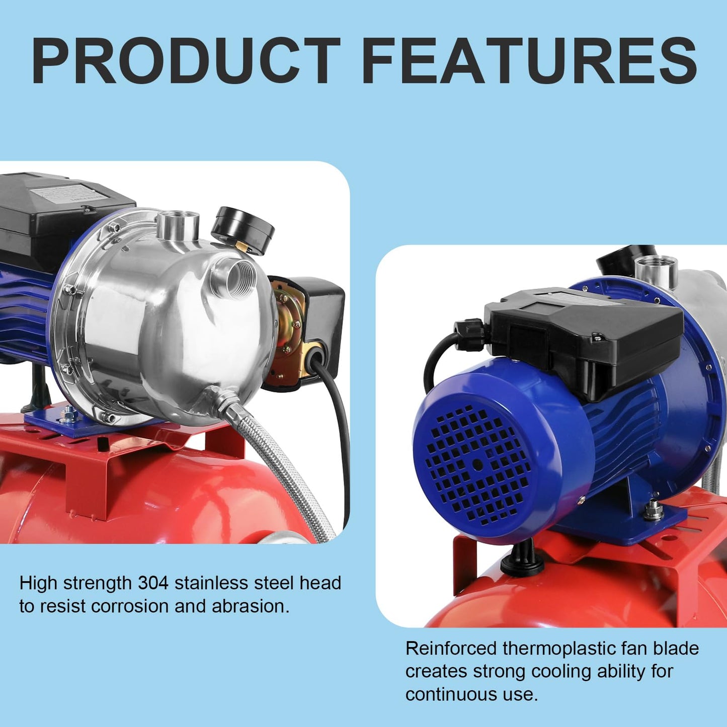 Rioflybee 1.5 HP Shallow Well Pump with Pressure Tank, 1320 GPH 115V Water Transfer Household Draining Irrigation Pumps, Automatic Water Booster Jet Pump Garden Pump for Home Garden Lawn Farm