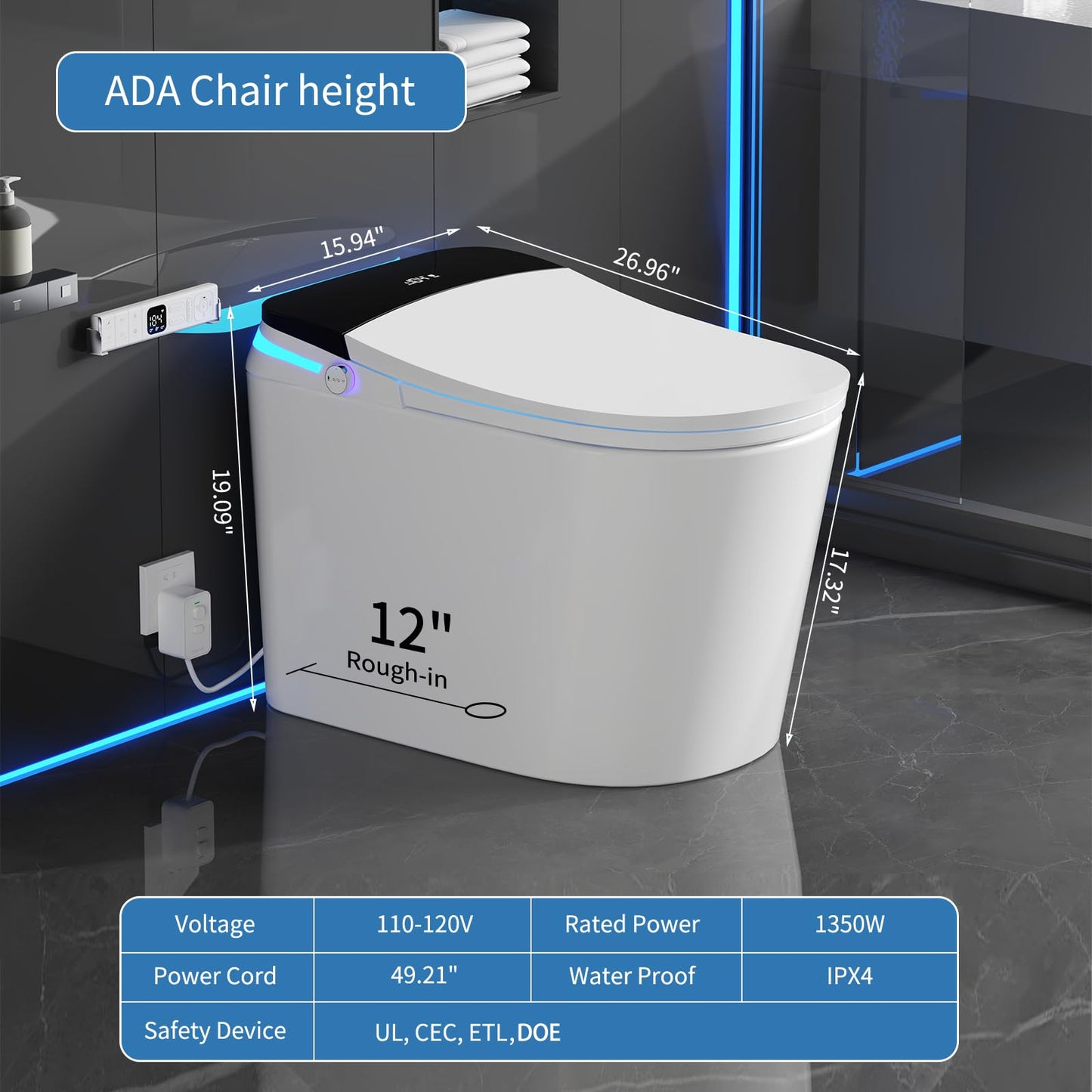 Smart Toilet with Bidet Built in, 360° Siphon Auto Flush & Automatic Lid, One Piece Toilet for Bathrooms with LED Display, Heated Seat, Warm Water, Dryer, Foam Shield, Night Light, 12" Rough-in