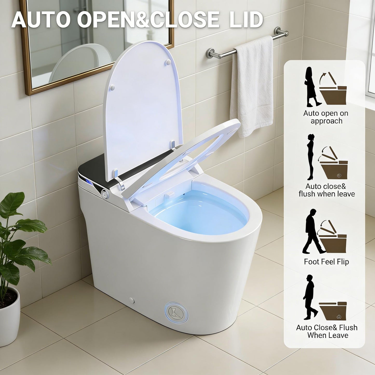 ADA Smart Toilet with Bidet, Auto Open Close Lid, Auto Flush, Heated Seat, Instant Warm Water Wash, Warm Air Dryer, Foot Sensor Flush, Low Pressure Tank Pump, Remote, Black Display