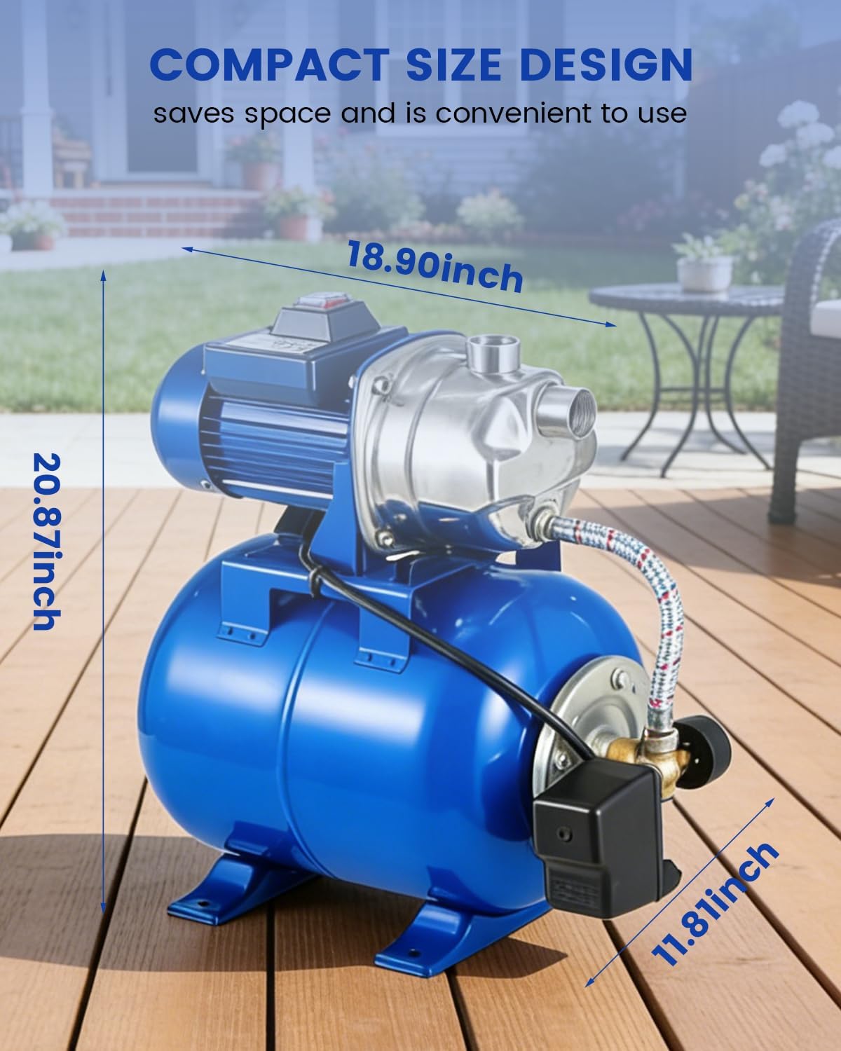 1.6HP Stainless Steel Shallow Well Pump with Pressure Tank - Up to 1320 GPH, 115V, 164FT, Automatic Water Booster Jet Pump for Home, Farm, Garden, Yard (Blue)