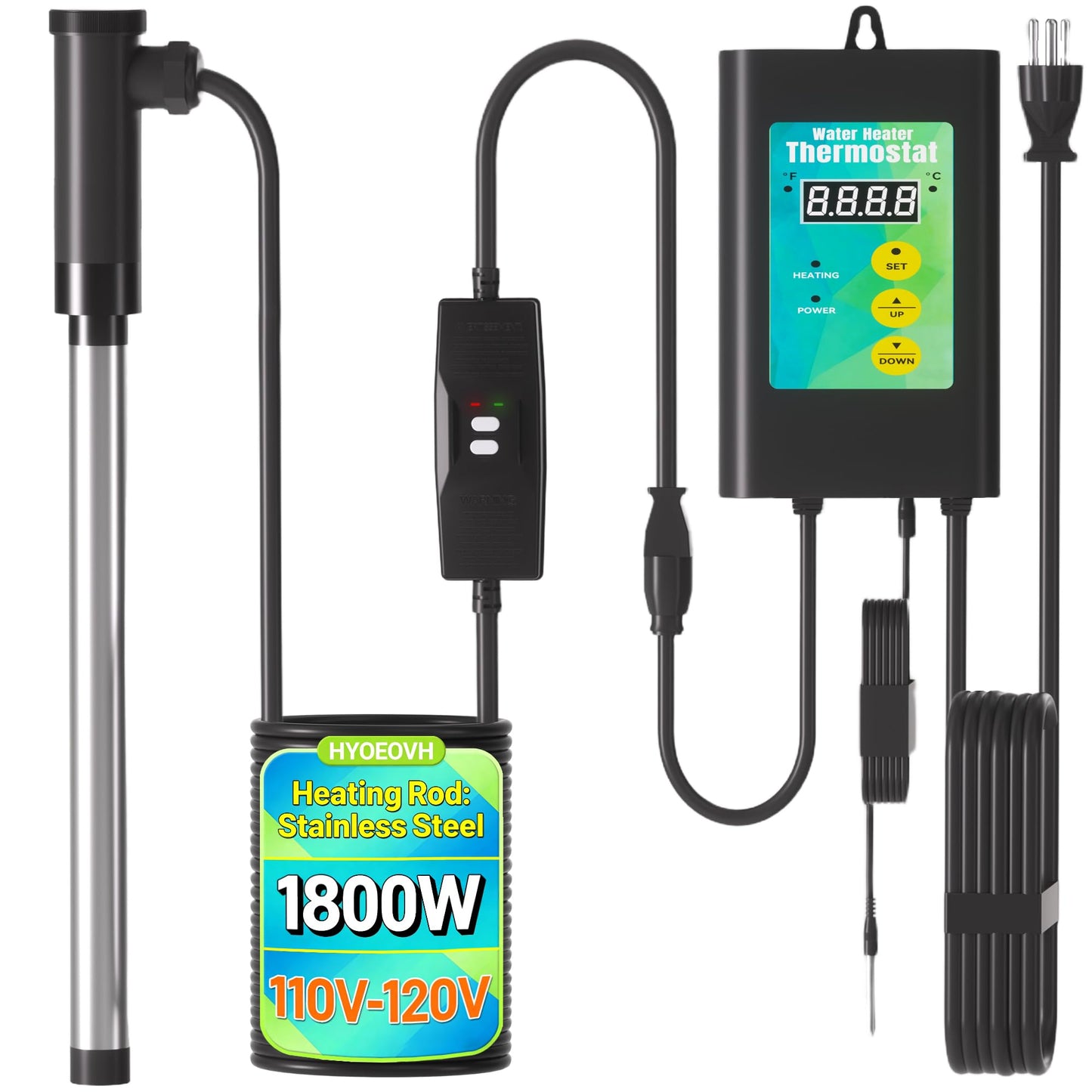 1800W Immersion Heater for Hot Tub, 304 Stainless Steel Submersible Immersion Heater with GFCI & Digital Thermostat, for Bathtub, Home SPA, Camping, Baptistery, Medium Stock Tank, Outdoor Use
