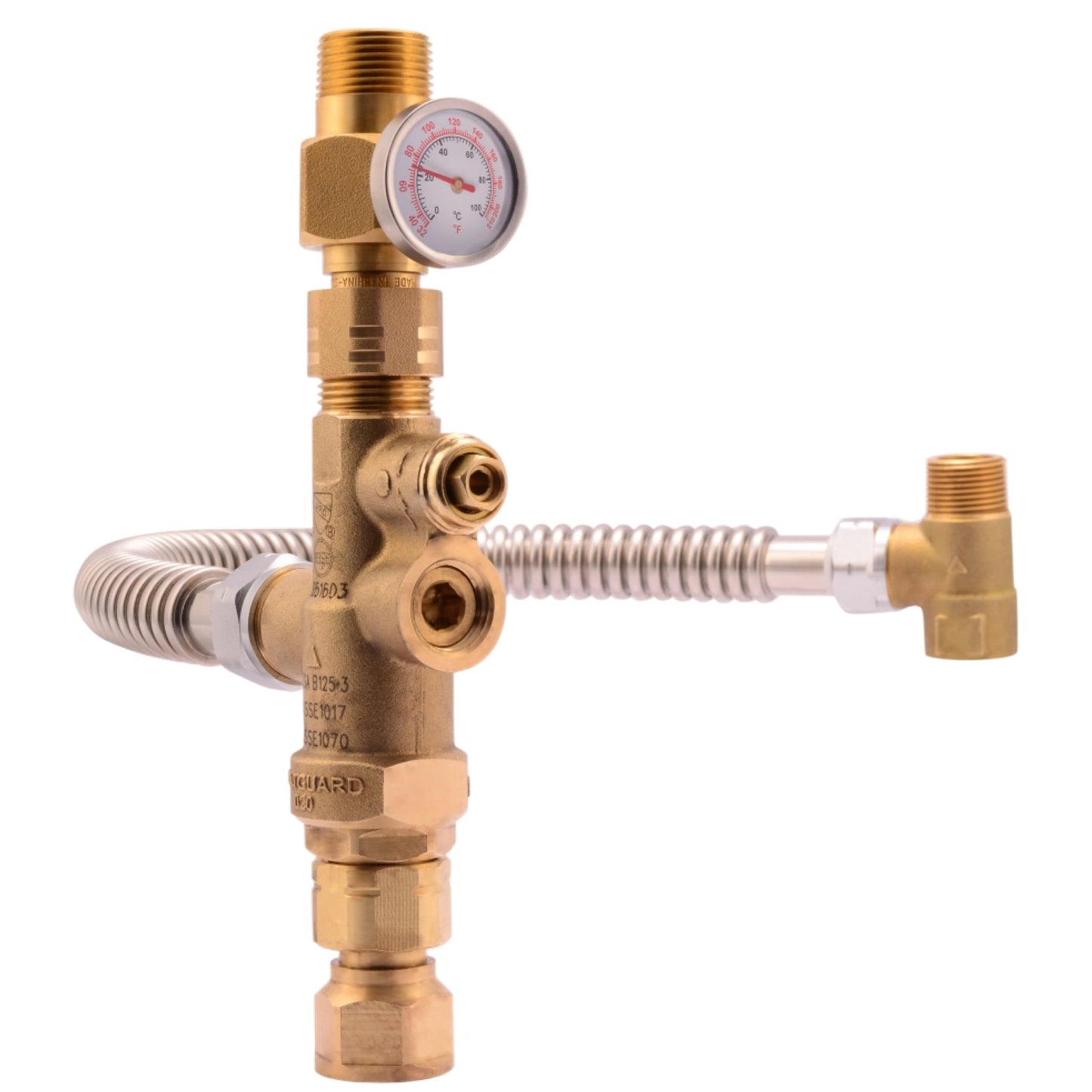 Cash Acme 3/4 Inch Tank Booster Water Heater Thermostatic Mixing Valve with Temperature Gauge and Corrugated Hose, PEX Pipe, PE-RT, CPVC, Copper, 24643