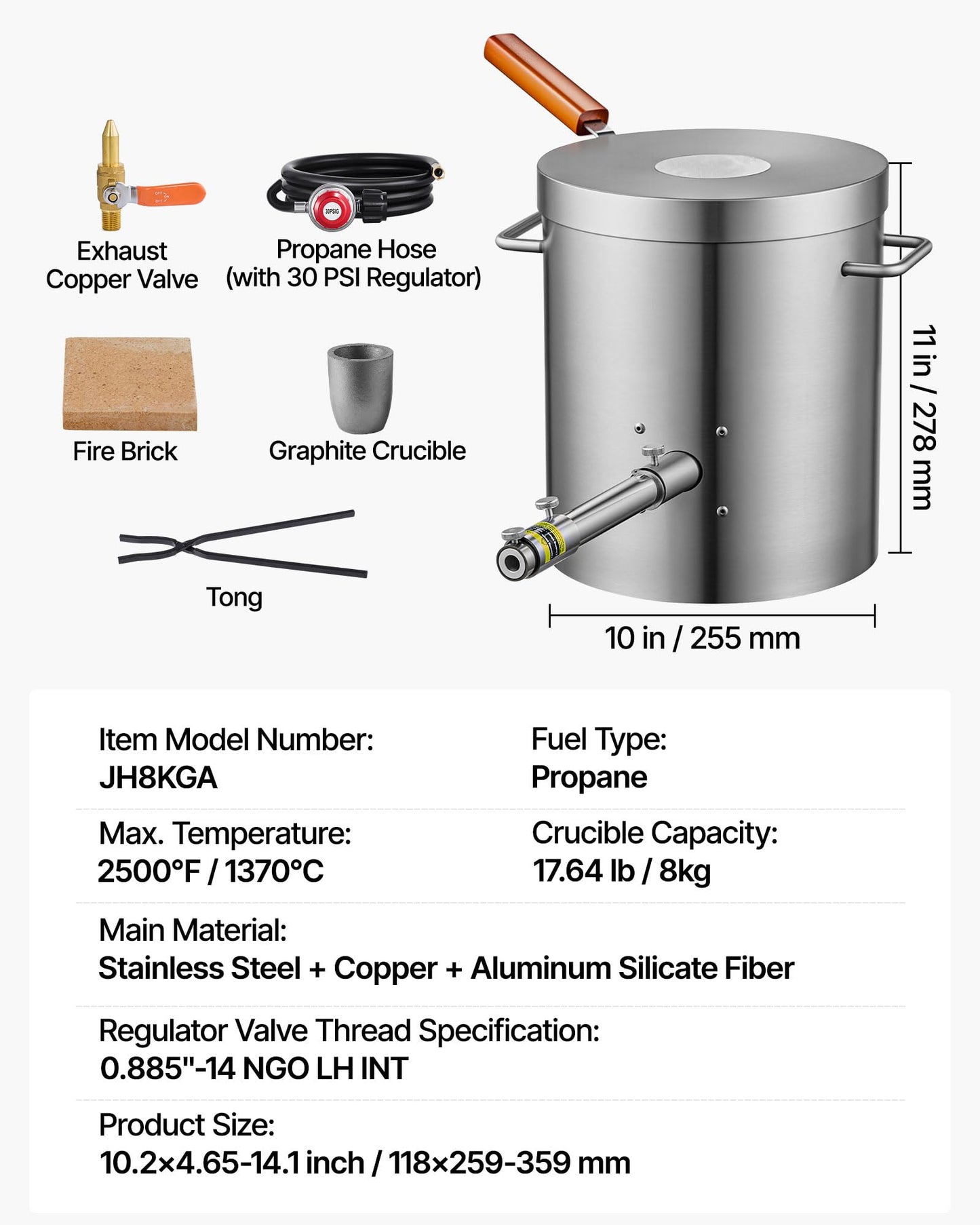 VEVOR 8KG Propane Melting Furnace Kit, Gas Metal Smelting Kit, Foundry Home Kiln with Crucible, Tongs, Wooden Handle, Forge Casting Tool for Gold Silver Copper Aluminum Metal Recycle