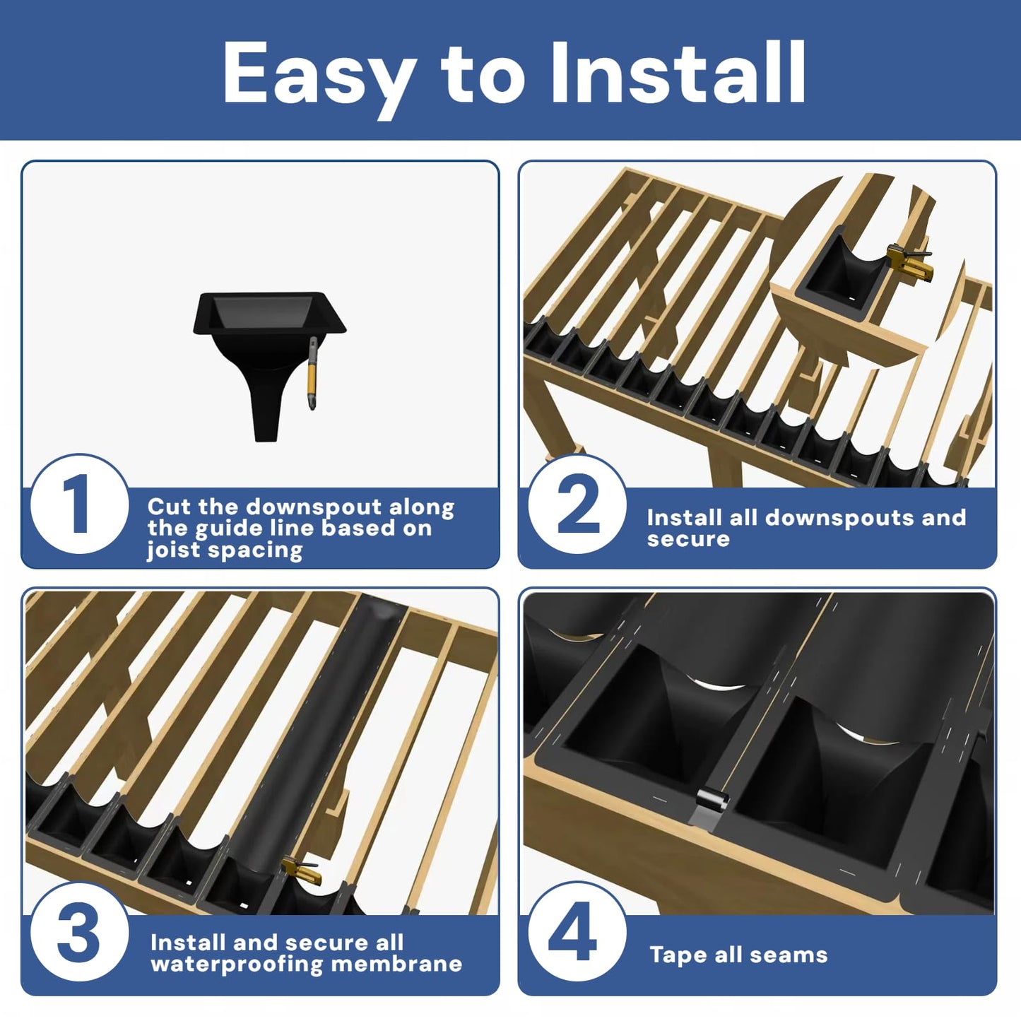 Emayuu 16PCS Black downspouts for Under Deck Drainage System, PE Deck downspouts Use for 12"&16" Joist Spacing DE01