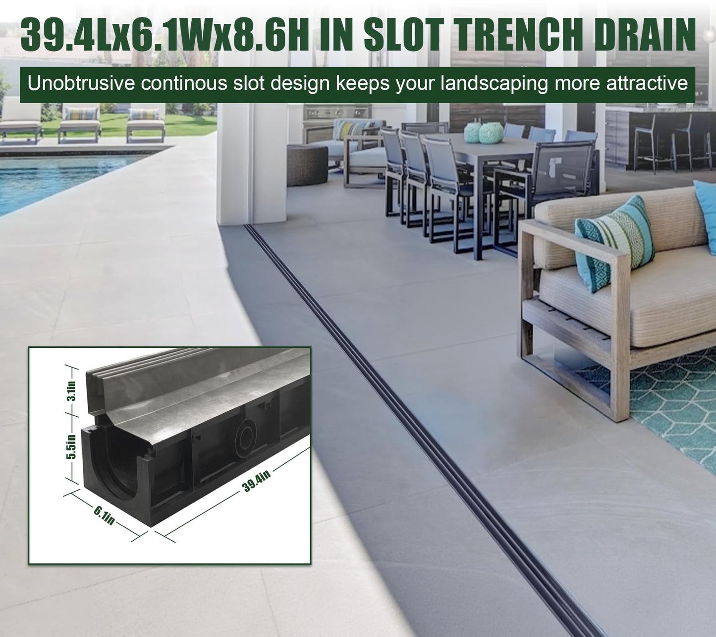 Natotela Slot Channel Drain with 304 Stainless Steel Grate-39.4Lx6.1Wx8.6H in. Deep Profile Trench Drain System for Landscaping,3 Pack Total Length 118.2in,A15 Hidden Drain Channel