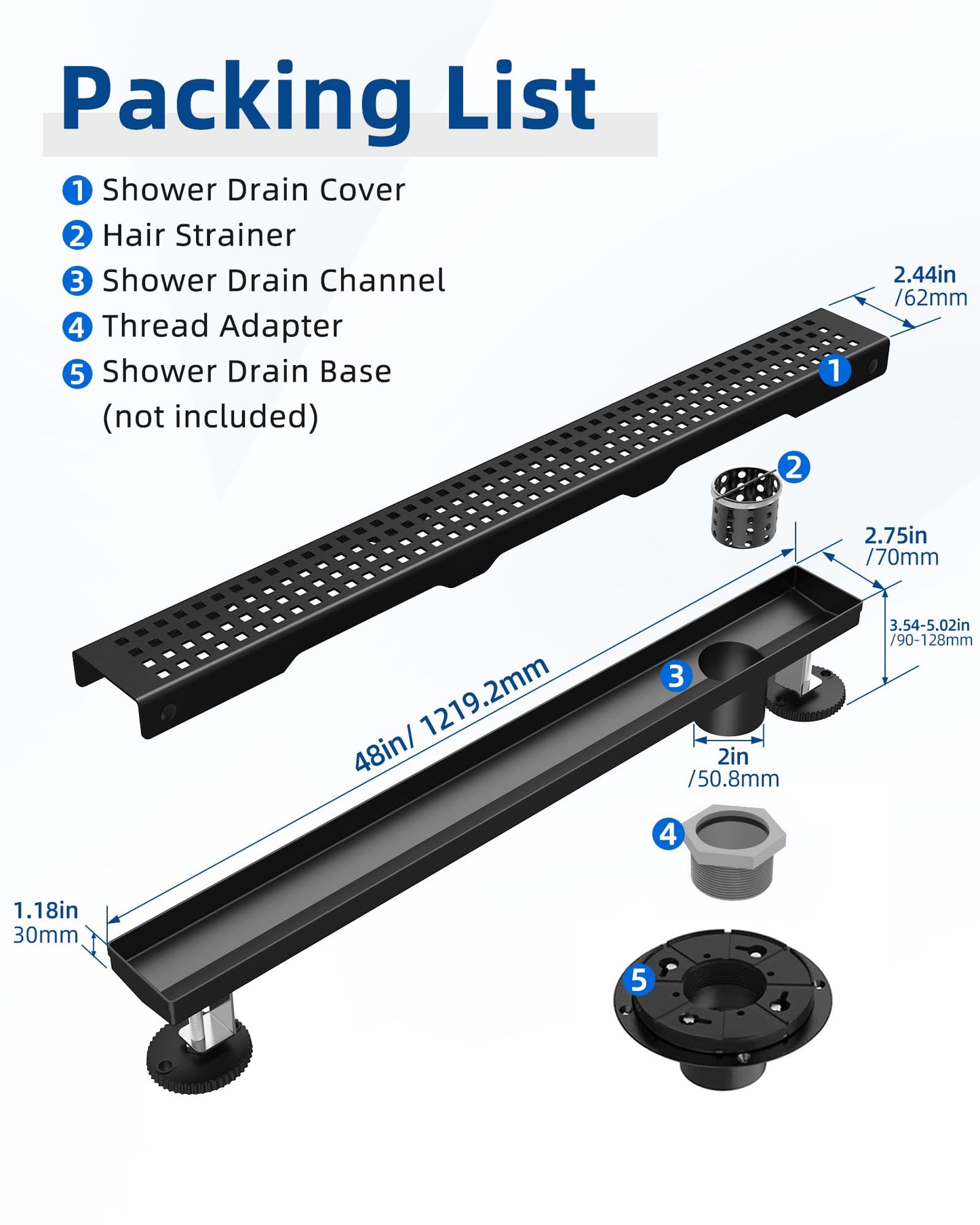 HTOH Shower Drain Offset Outlet for Bathroom: 48-Inch Black Linear Shower Drain with Removable Grate - Modern 304 Stainless Steel Shower Floor Drain Side Outlet with Hair Catcher, Adjustable Feet