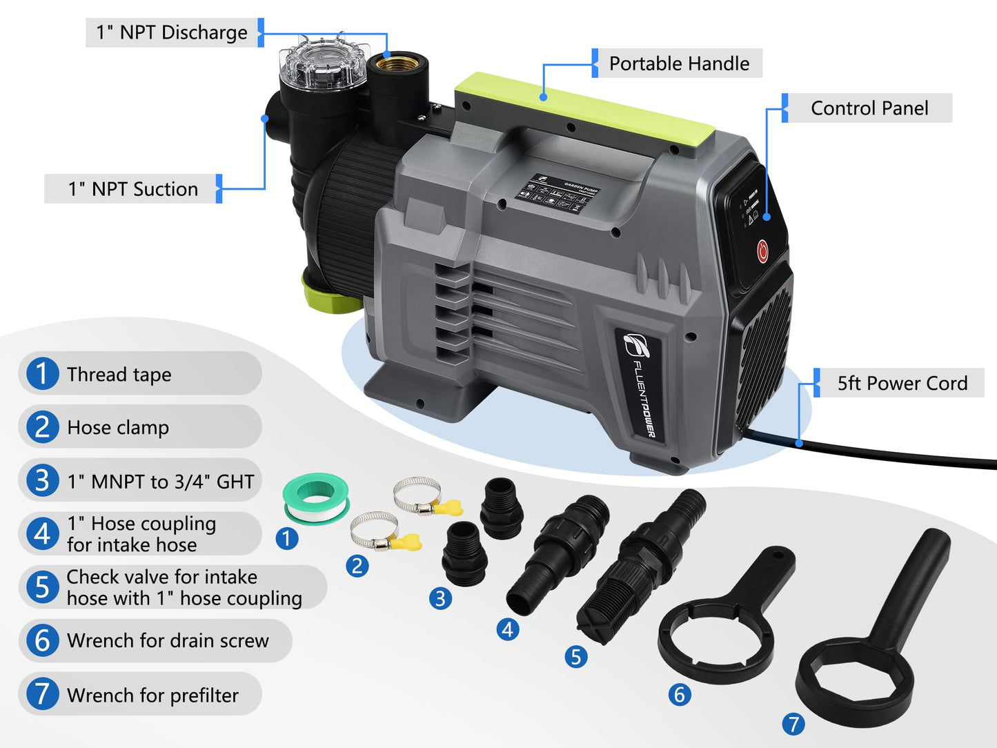 FLUENTPOWER 1.5HP Automatic Garden Booster Pump with Integrated Prefilter, 1300GPH, Lift 150FT, Portable Shallow Well Jet Pump, Water Transfer Draining Pump for Home Garden Lawn Sprinkler Irrigation