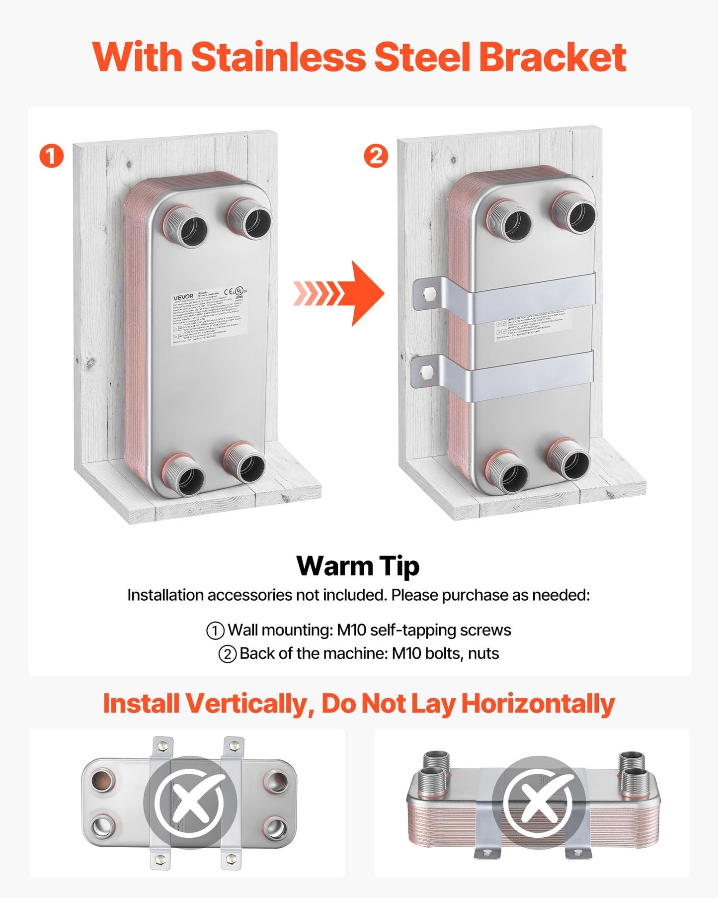 VEVOR Plate Heat Exchanger, 5 x 12 in Brazed Plate Water to Water Heat Exchanger with 20 Plates, Mounting Bracket, Sturdy Stainless Steel Construction, 170-330K BTU for Boiler, Radiant Floor Heating