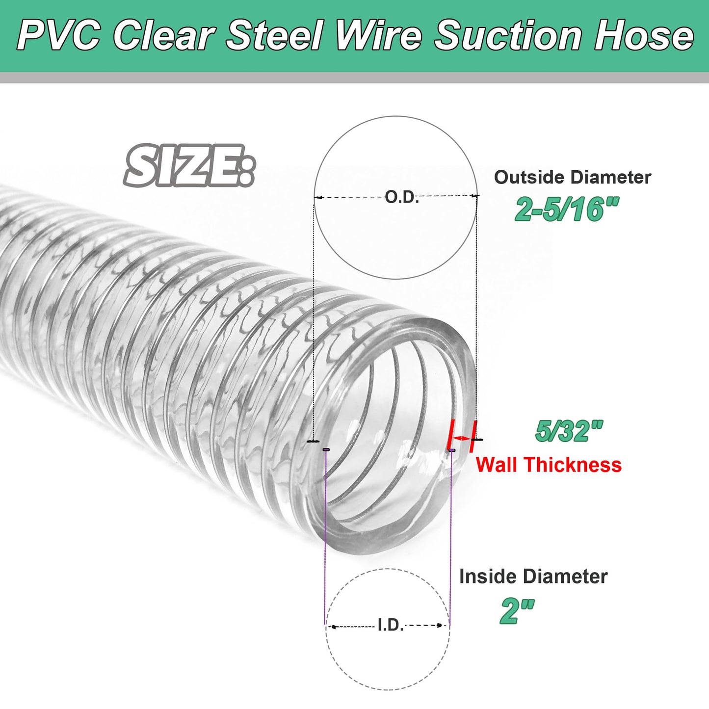 Geowaky 2"id-50ft PVC Reinforced Tubing Steel Wire Suction Flexible Hose Vinyl Tubing Heavy Duty PVC Vacuum Hose Drain Fuel Oil Gas Water for Marine Bilge Pump Pond Spa