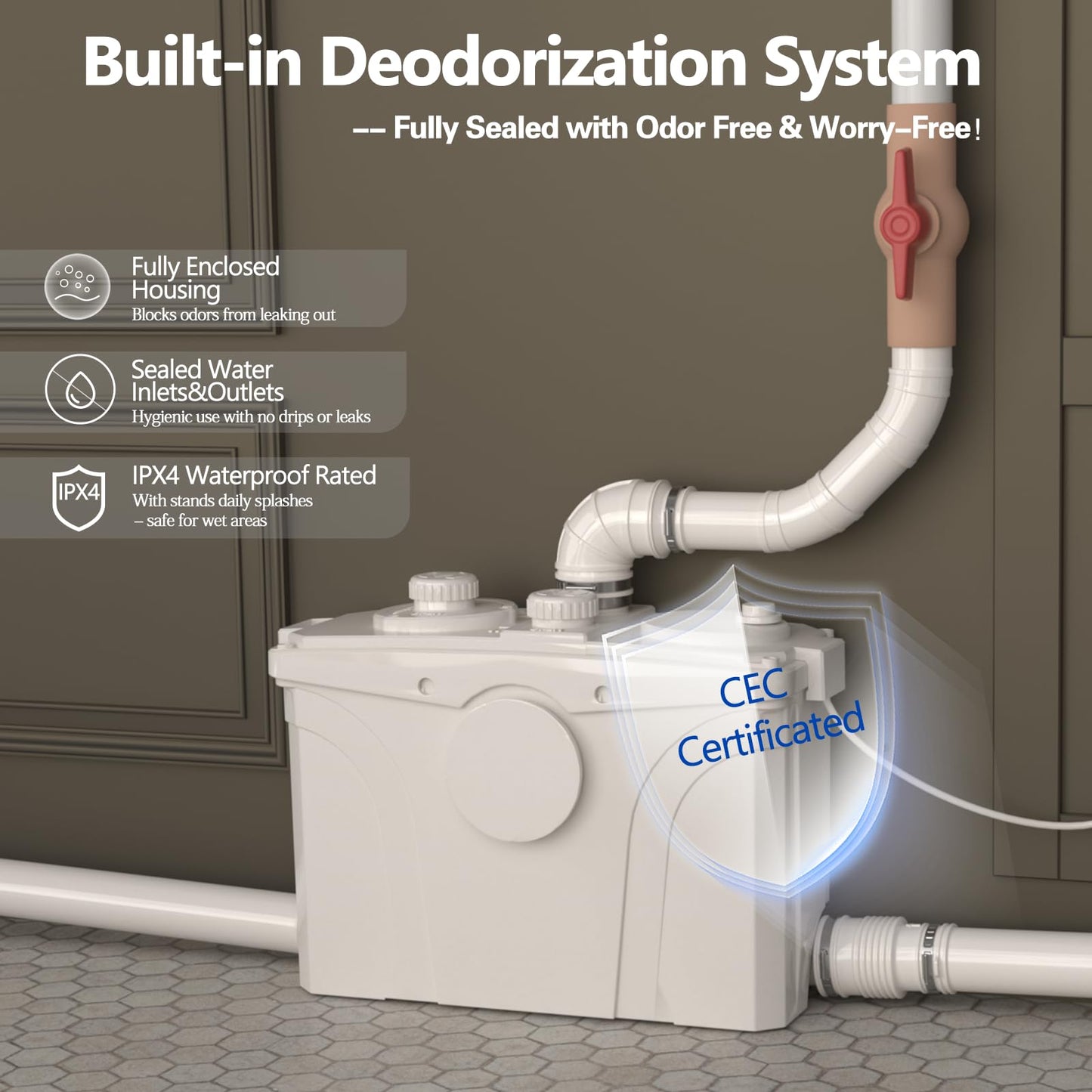700W Macerator Pump for Upflush Toilet, Basement Sewage Pump with 4 Water Connections, for Macerating Toilet, Laundry, Kitchen Sink, Clothes Washer and Shower, Gray Water Disposal, 29.8ft