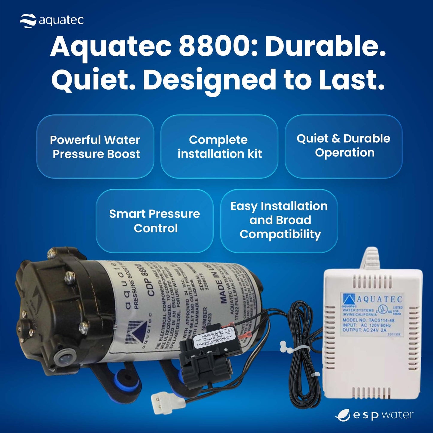 Aquatec 8800 RO Booster Pump Kit with 40 PSI Switch, 120V Transformer, 1/4 Inch QC and Fittings for 3/8 to 1/4 Tubing, Produces Up to 100 GPD for Reverse Osmosis Systems