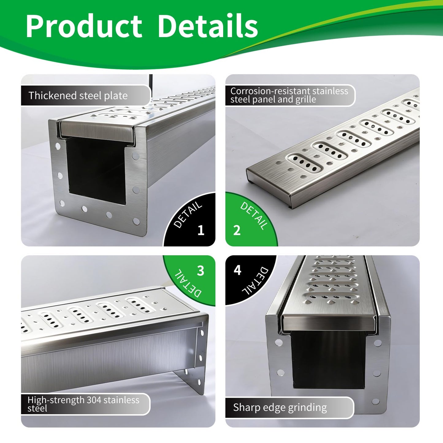 304 Stainless Steel Channel Drain with Drain Grate,39.4Lx5.9Wx5.5H in A15 Deep Profile Trench Drain System for 3”Pipe.Channel Drain Kit for Patios, Commercial, Pool Decks, Walkways,Yard Drainage.