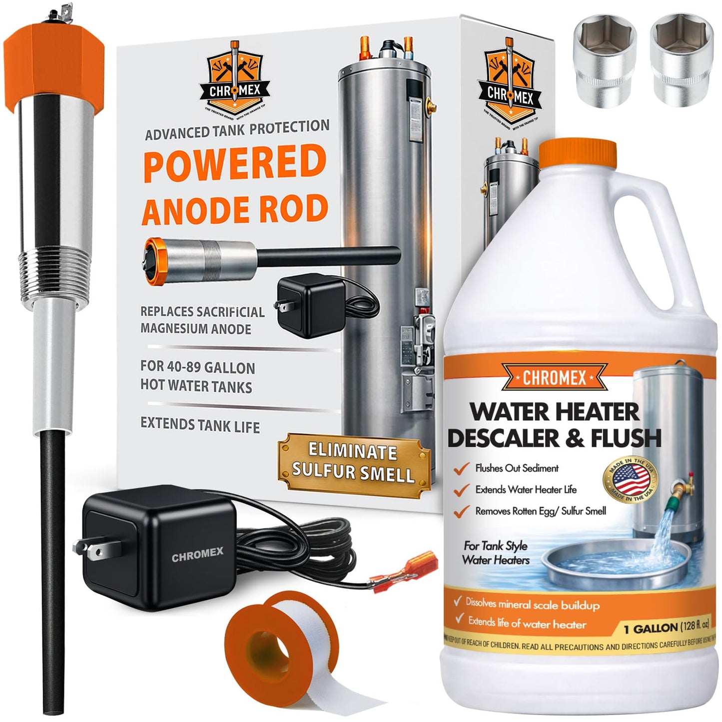 Powered Titanium Anode Rod Kit for Water Heater 40-89 Gallon with Flush and Descale Maintenance Kit, Not for Bradford White, Replace your Anode Rod and Flush your System Remove Scale and Sediment