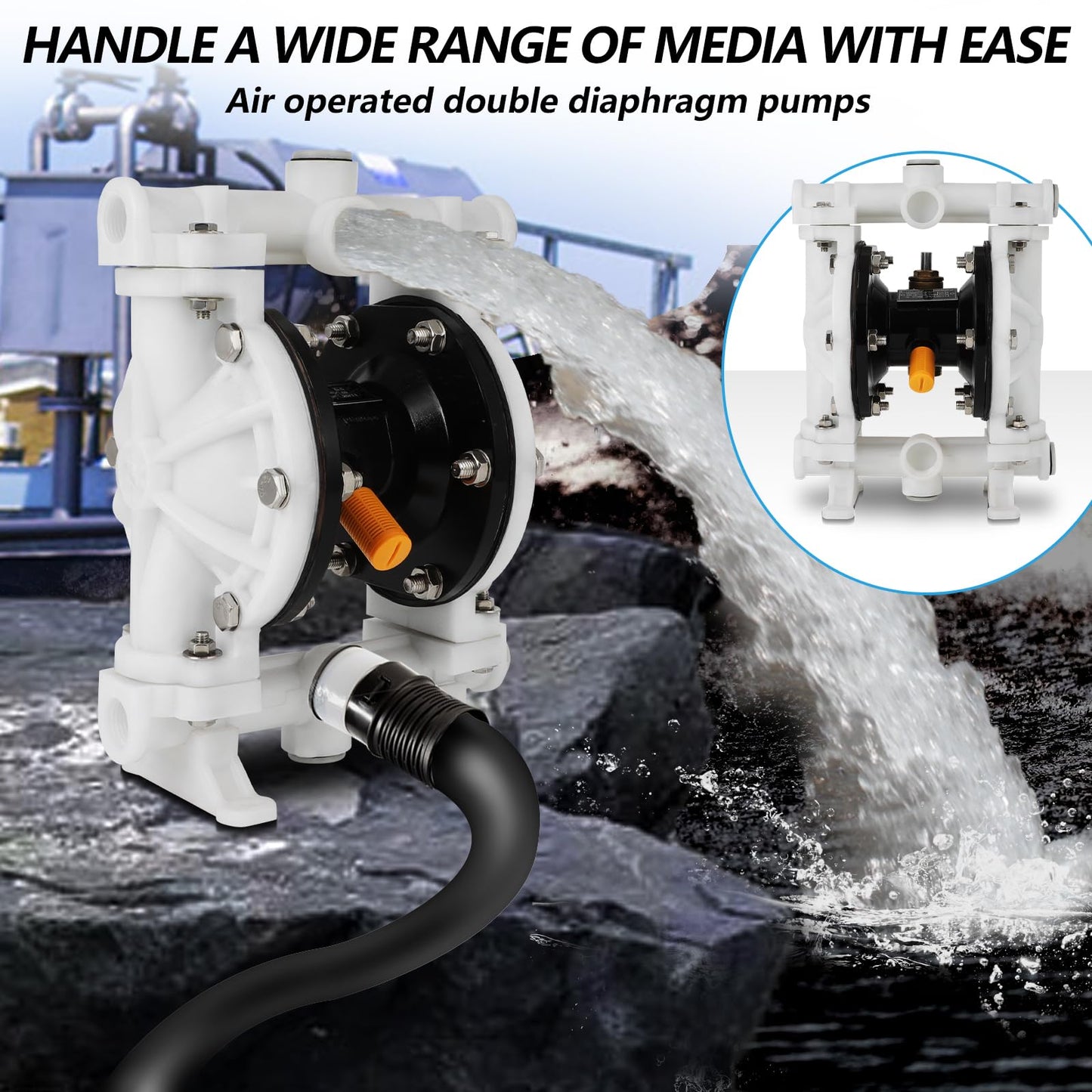 Air-Operated Double Diaphragm Pump, Pneumatic Waste Oil Transfer Pump for Chemicals, Polypropylene, Nitrile Rubber, and Stainless Steel (1/2 Inch Inlet)