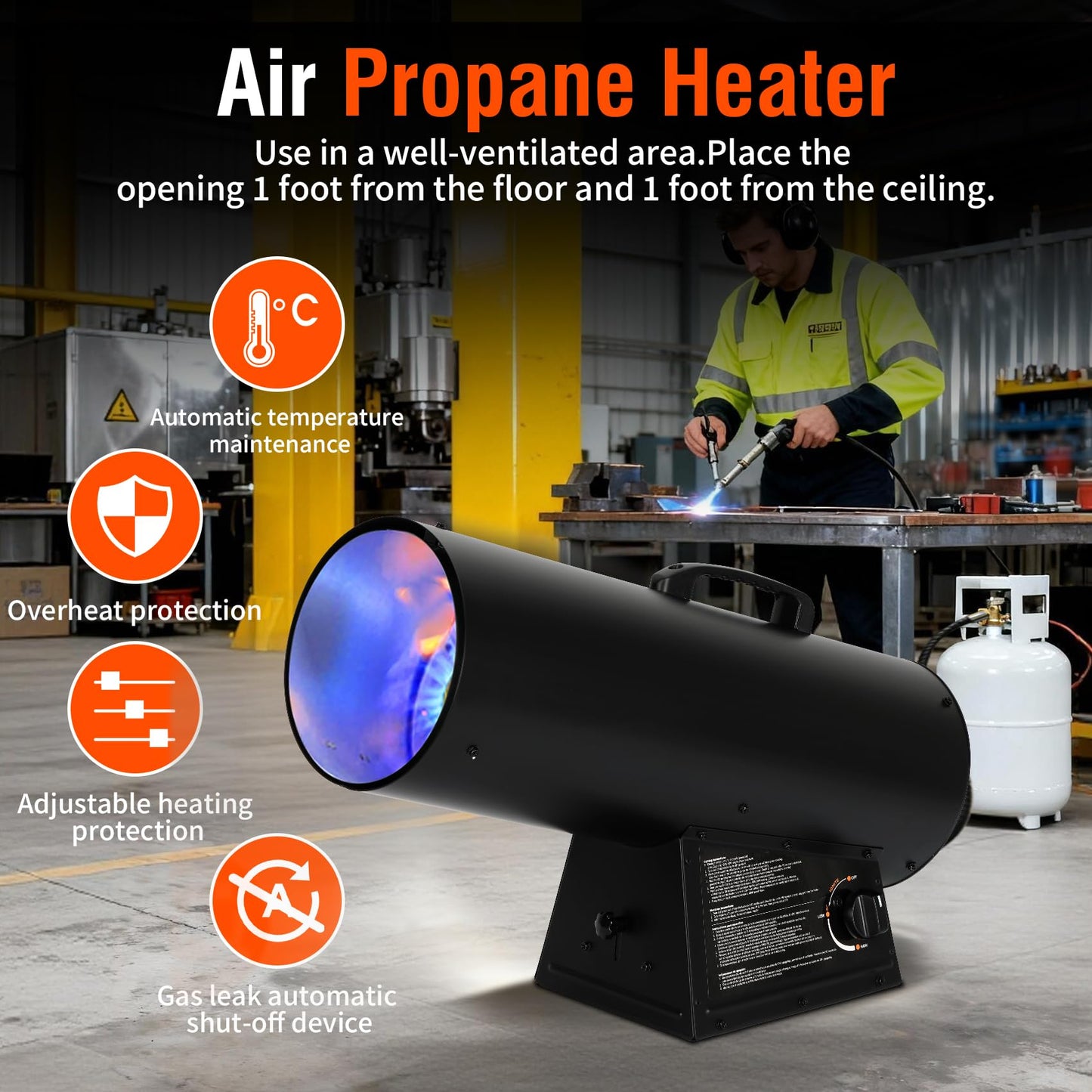 150,000 BTU Forced Air Propane Heater, for Garages, Construction Sites, Jobsite, Portable Torpedo Heater for Jobsite with 11FT Hose, Regulator, Automatic Overheat Protection Device, CSA Certification