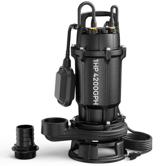 Aquastrong 1 HP Sewage Grinder Pump, 4200 GPH Sewage Pump 2 inch Discharge, Cast Iron Sump Pump Submersible with Auto Float Switch for Basement Sump Basin and Sewage Well, Black