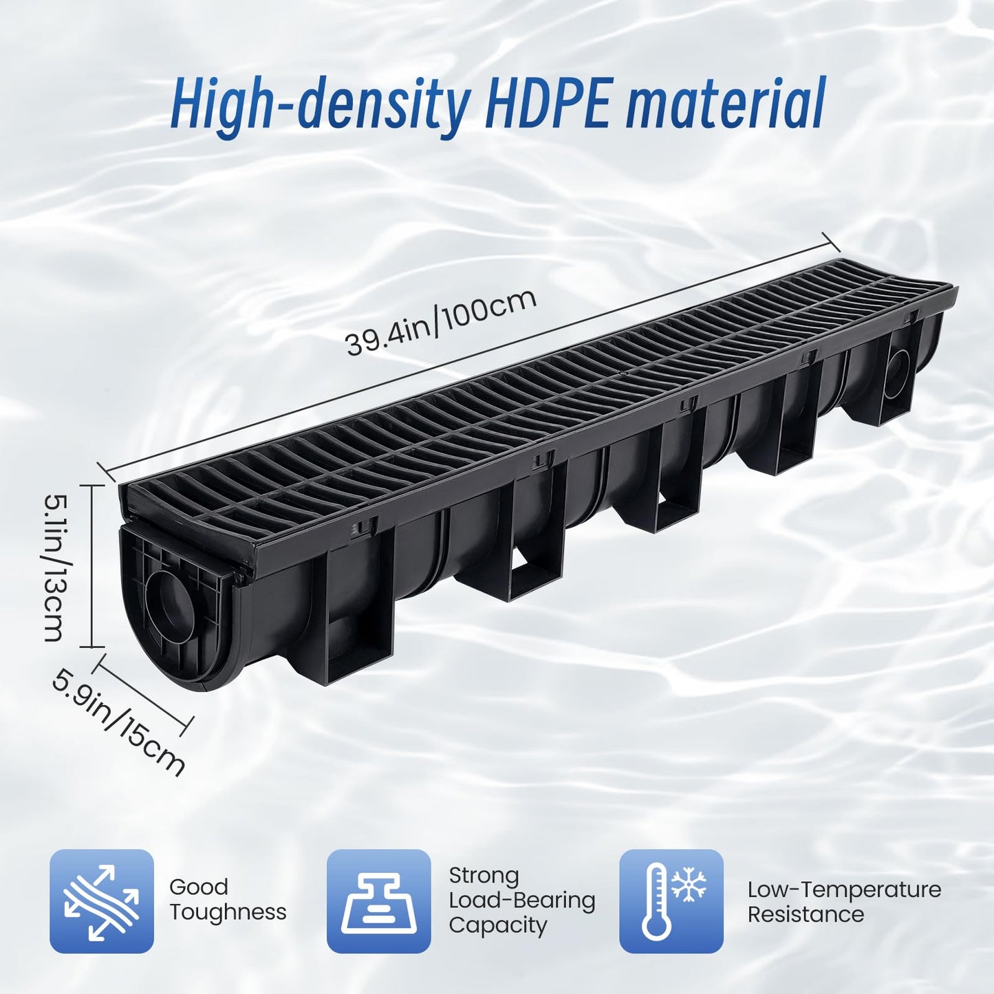 Trench Drain System with Plastic Grate, 6 Pack 5.9x5.1 Inch HDPE Channel Drain, Outdoor Trench Drainage for Driveway, Swiming Pool, Garden, Effortless Installation, Black