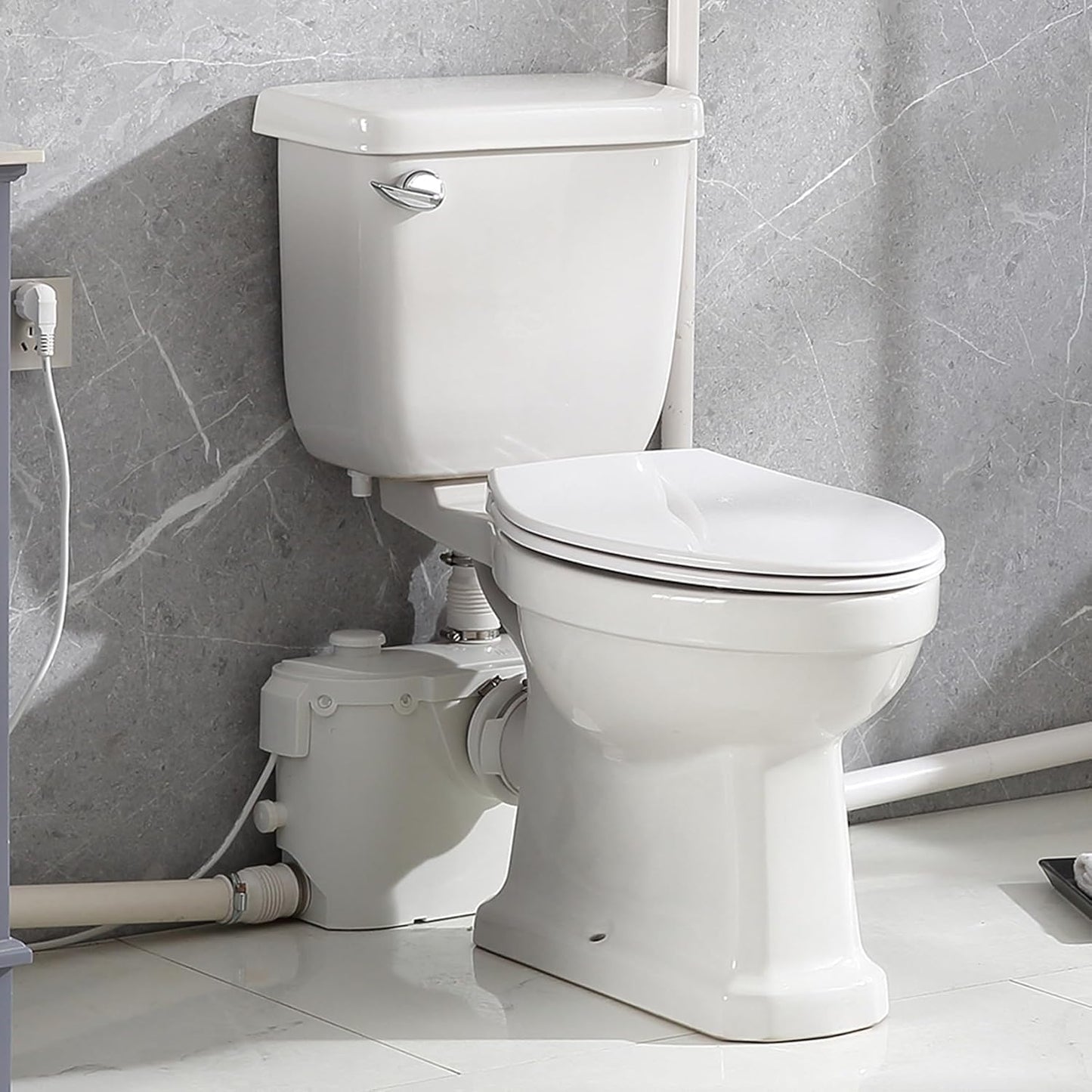 Macerating Toilet with 500W Pump, Two Piece Toilet with Extension Pipe,Elongated Bowl, Toilet Tank with Front Flush Valves, 3 Water Inlets Connect Full Bathroom, Sink, Toilet, Water Disposal