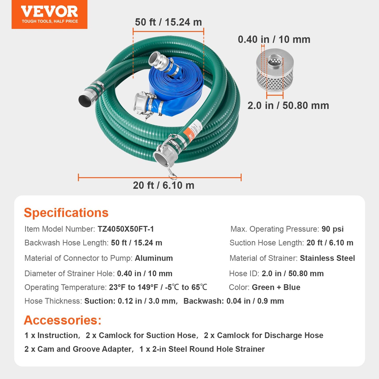 VEVOR Suction Hose Kit for Water Pump, with 2 in x 50 ft Blue Backwash Hose, 20 ft Green Suction Hose, and Steel Round Hole Strainer, Camlocks, Clamps, Cam & Groove Adapter, for Multiple Purposes