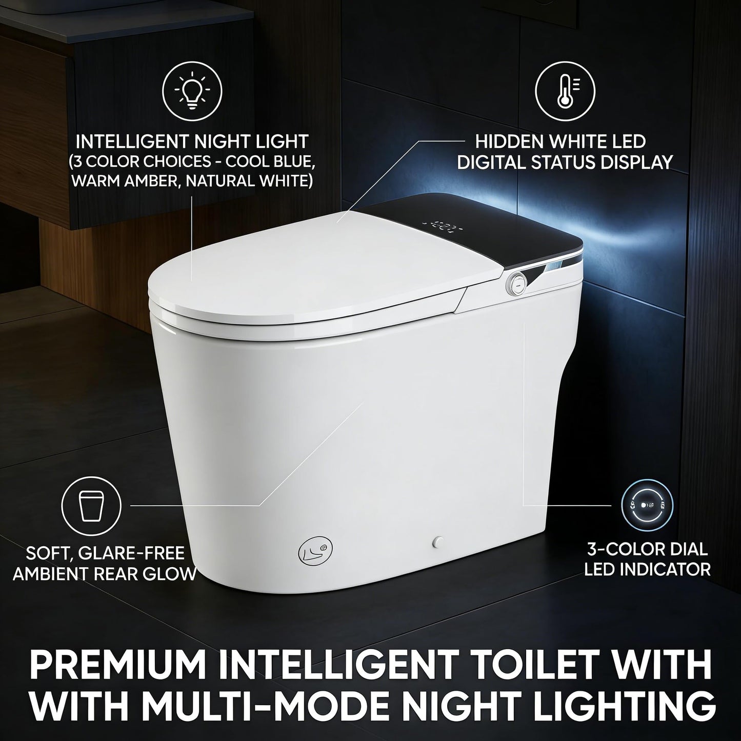 ADA Smart Toilet with Bidet, Auto Open Close Lid, Auto Flush, Heated Seat, Instant Warm Water Wash, Warm Air Dryer, Foot Sensor Flush, Low Pressure Tank Pump, Remote, Black Display