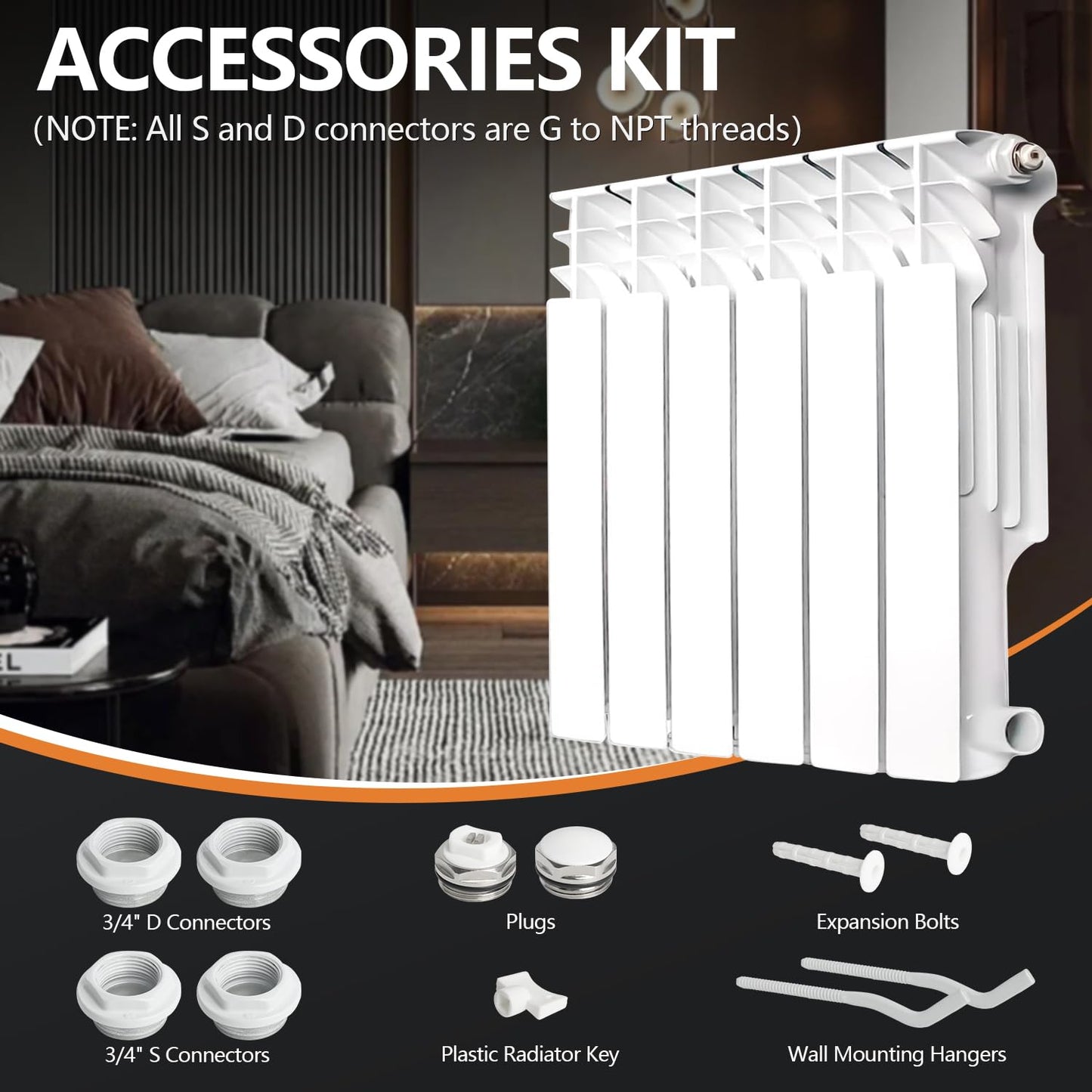 Quiet Energy Saving Hot Water Radiator, 6-Panel Wall-Mounted Aluminum Radiator Heater for Kitchen, Bathroom and Bedroom