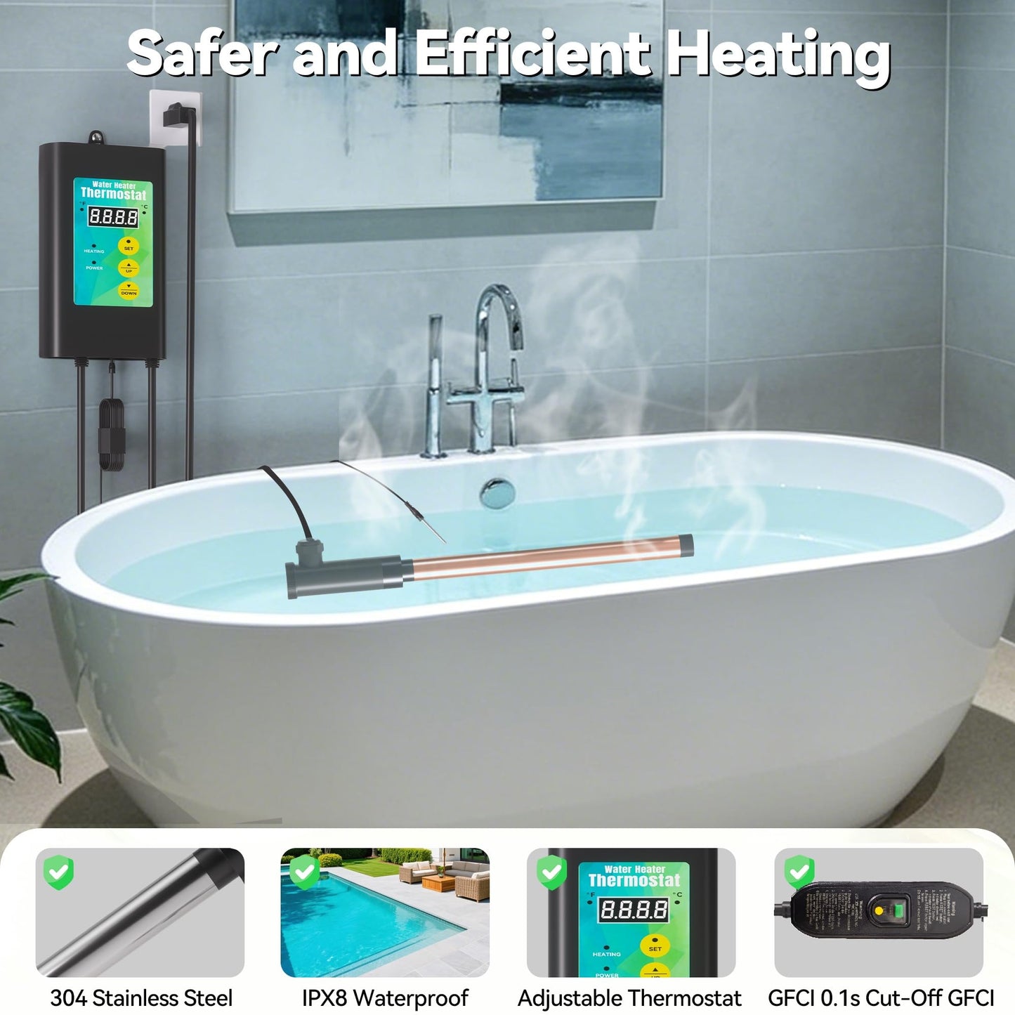 3500W Immersion Heater for Large Pool & Commercial Heater, Stainless Steel Submersible Immersion Heater with GFCI & Thermostat, for Large Above Ground Pool, Extra Large Stock Tank, Commercial Use