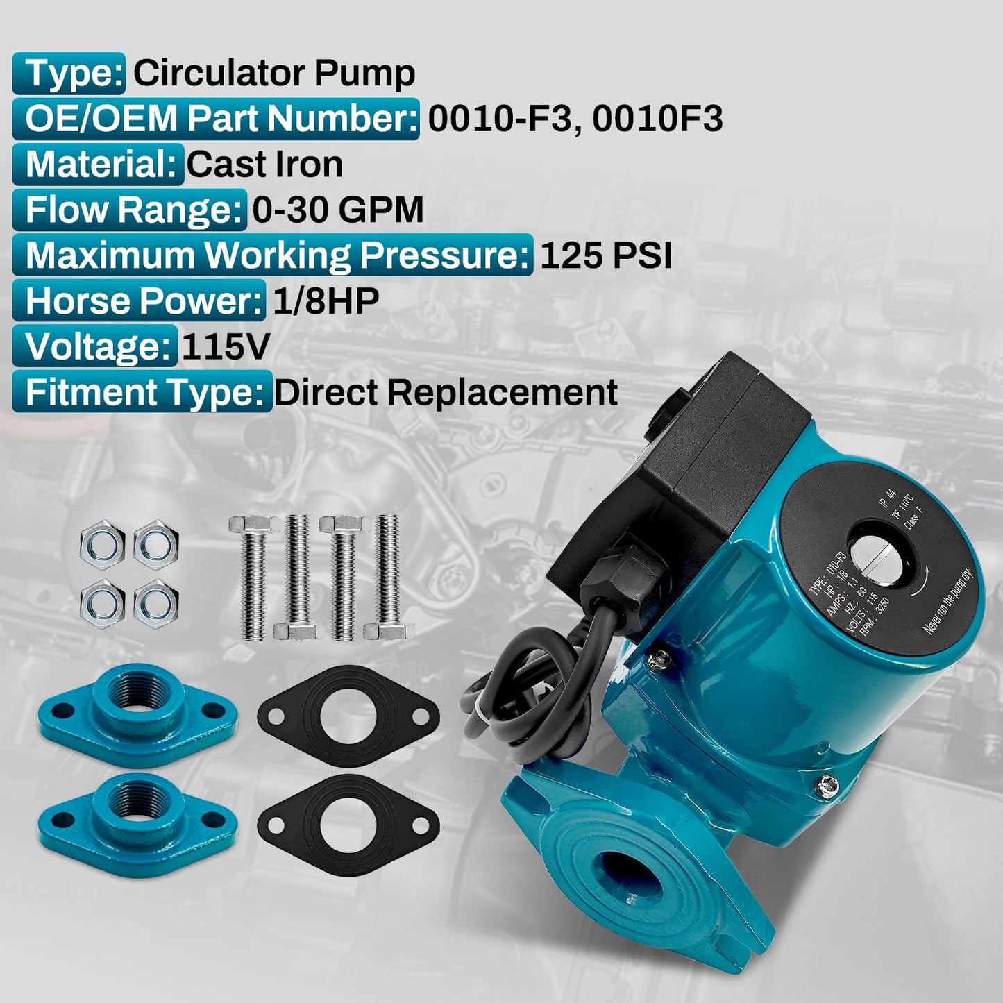 Raodelupe 0010-F3 Cast Iron Cartridge Circulator Pump 1/8HP 115V Compatible with Taco Circulator Pump 0010F3