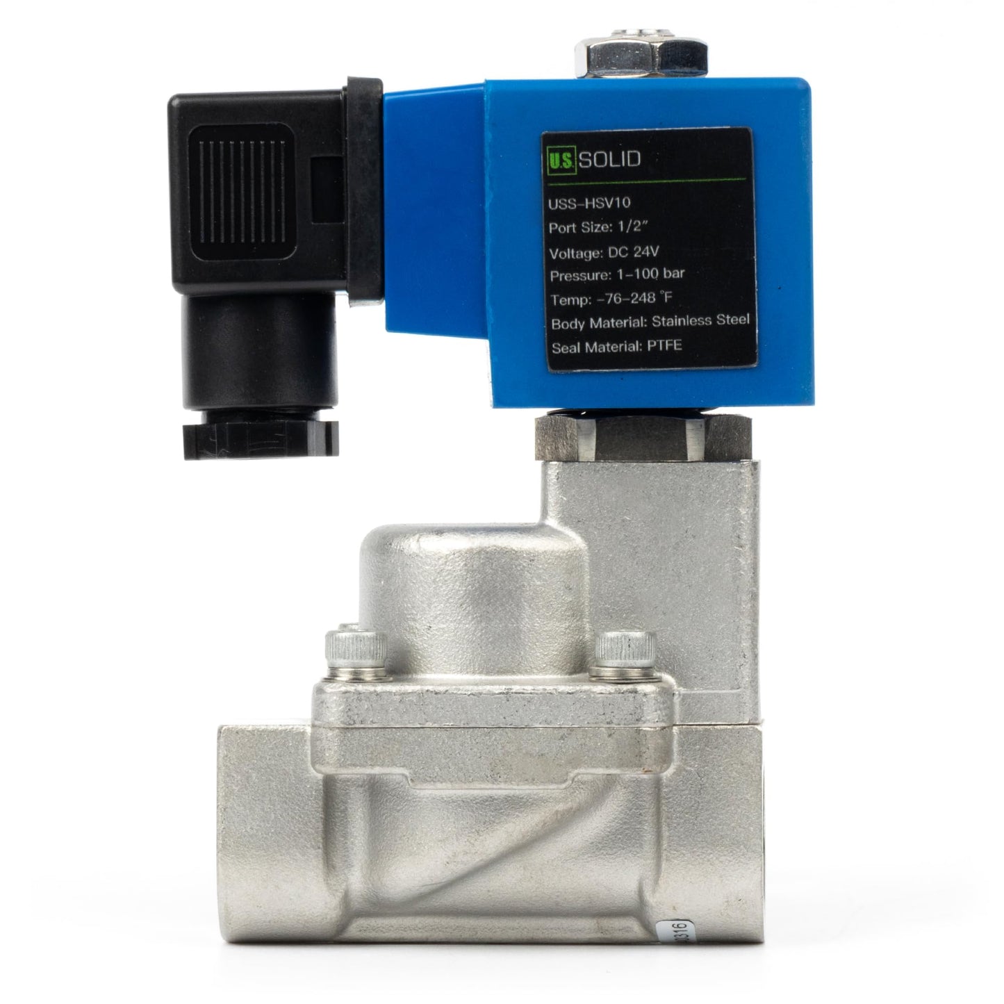 U.S. Solid 1/2" High Pressure Solenoid Valve, 24V DC, Stainless Steel, 100 bar, -76°F to 248°F – Heat-Resistant, High-Pressure Valve for Industrial Use, Water, Gas, Oil and Fluid Control