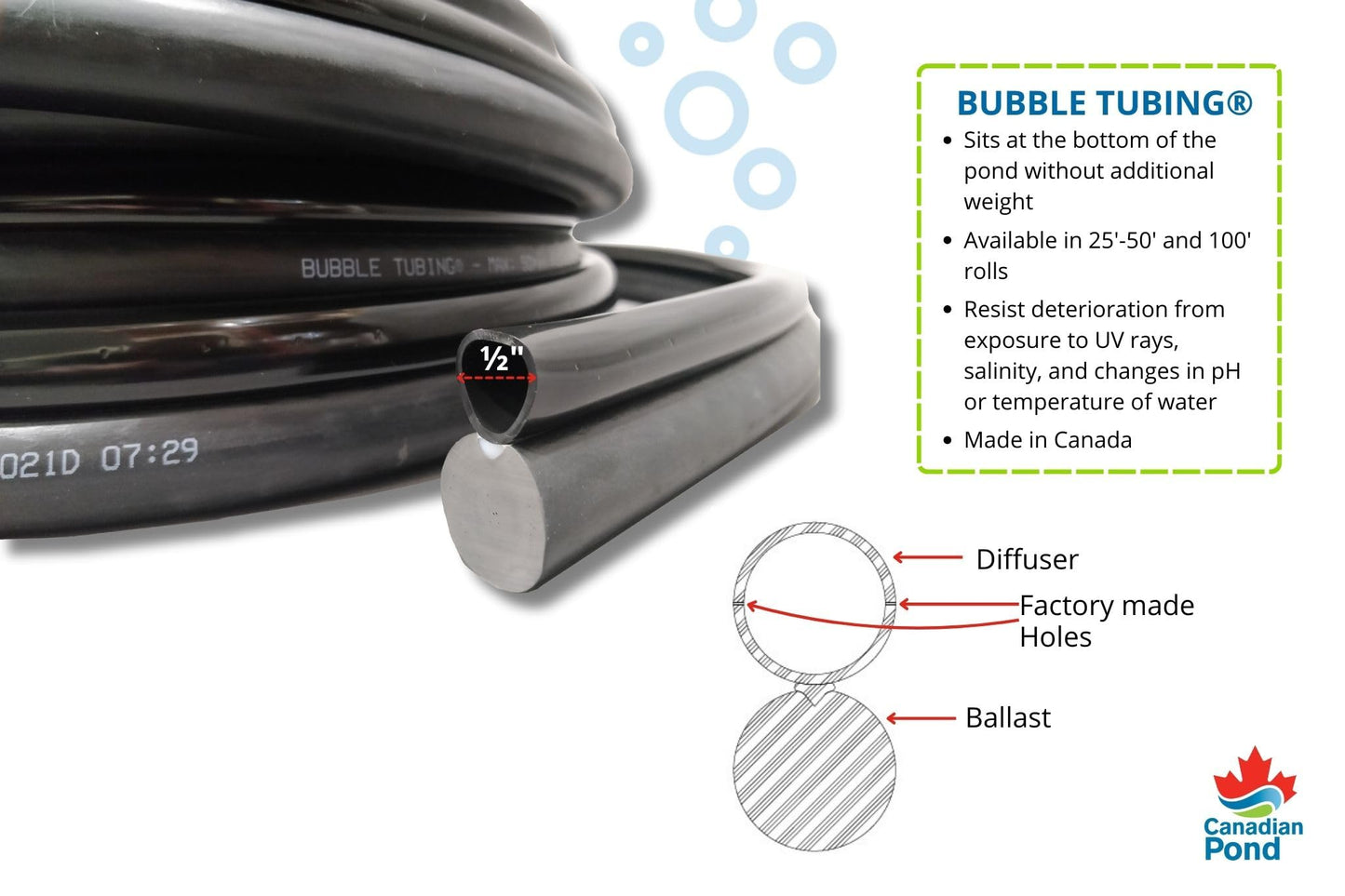 Bubble Tubing (½ in) – Fine bubble self-sinking diffuser airline for pond & water garden aeration | High oxygen transfer, aerates and de-ices ponds, easy installation (100')