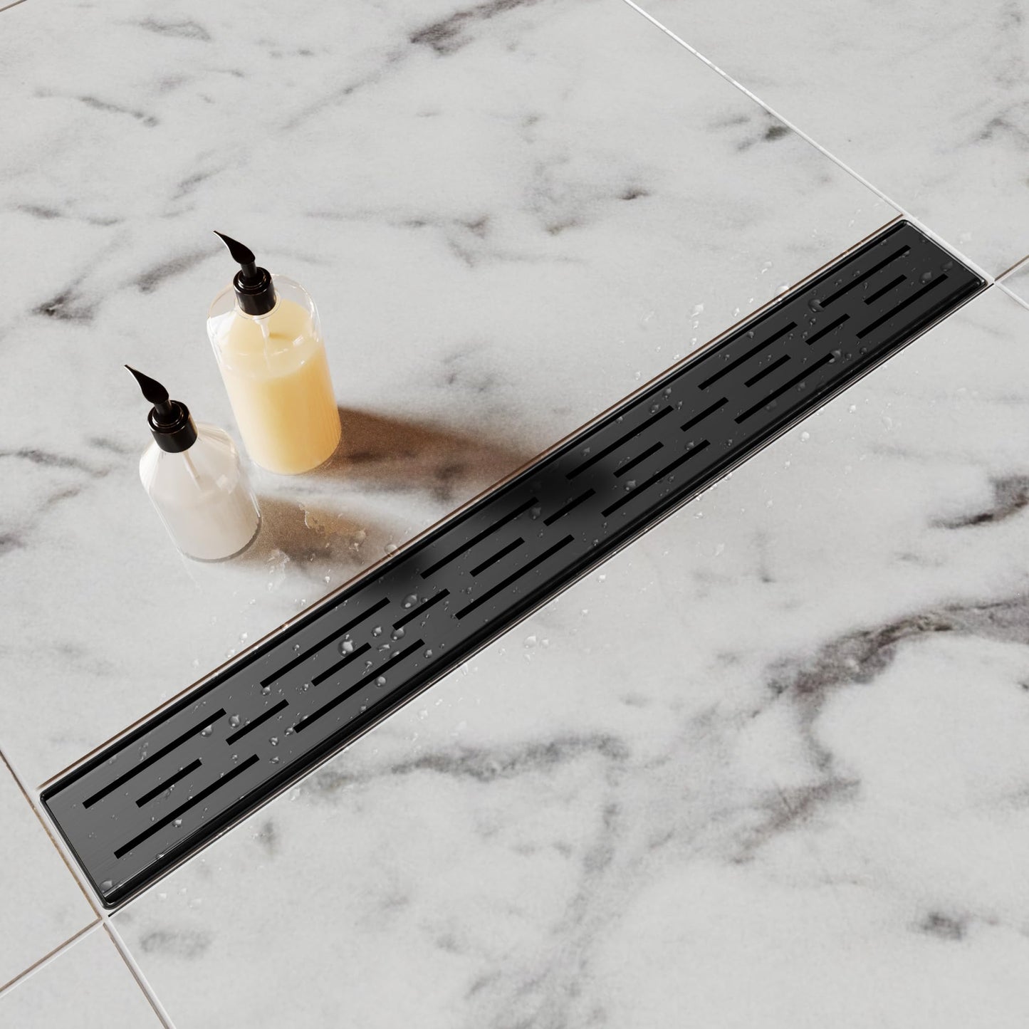 Shower Drain Stainless Steel for Bathroom: Black Linear Shower Drain 48 Inch with Removable Brick Pattern Grate - Adjustable Rectangular Shower Floor Drain with Hair Strainer (Matte Black)