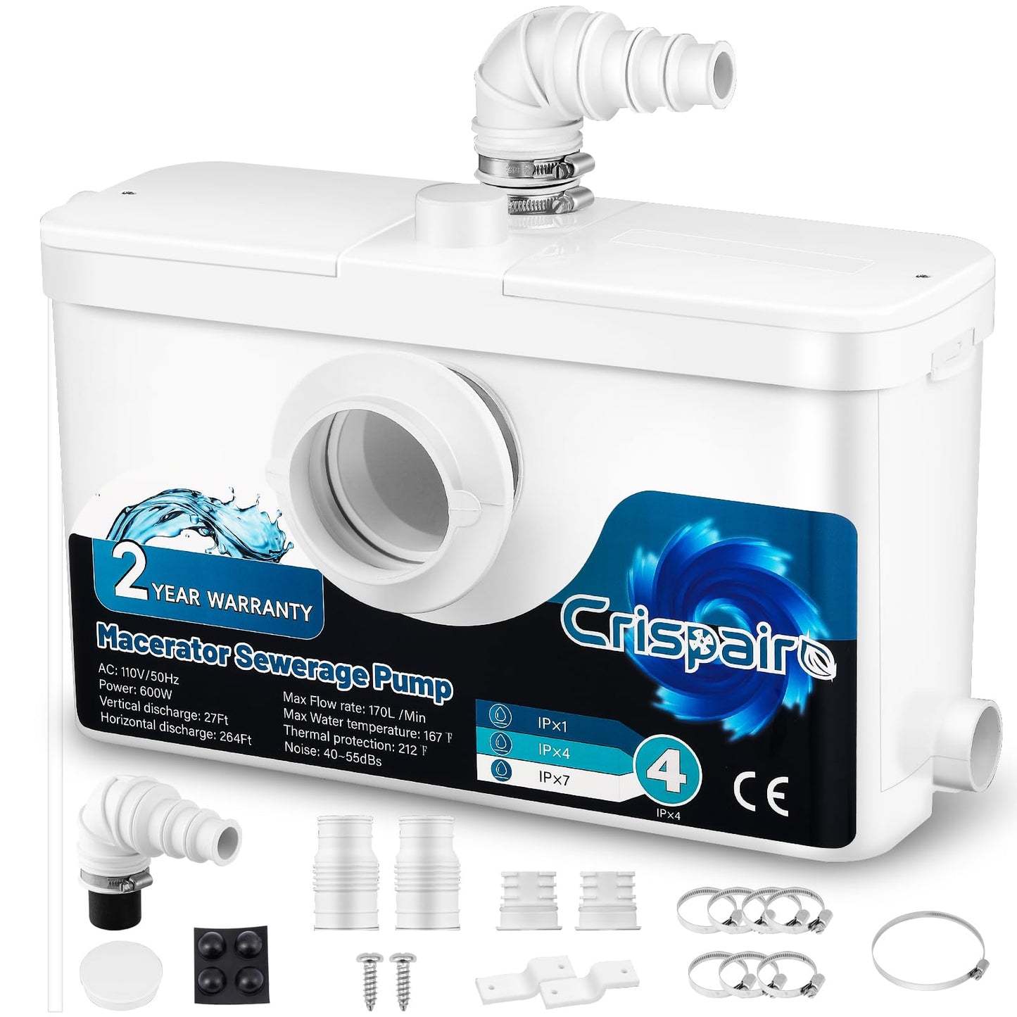 Crispaire 600W Macerator Sewerage Upflush Pump - 33Ft/328Ft, 170L/Min Flow for Basement Toilet, Sink, Shower, Kitchen, Laundry - 4 Water Inlets, Residential, 110V CE