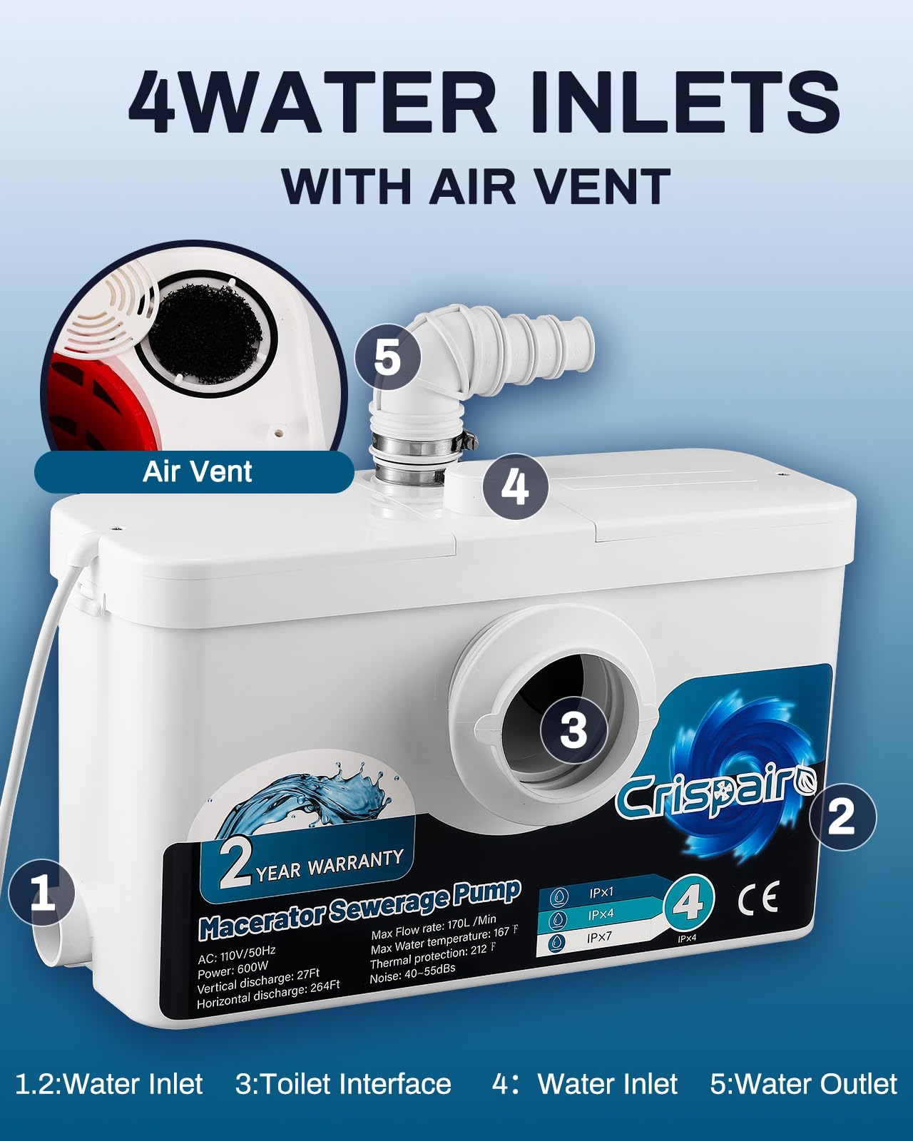 Crispaire 600W Macerator Sewerage Upflush Pump - 33Ft/328Ft, 170L/Min Flow for Basement Toilet, Sink, Shower, Kitchen, Laundry - 4 Water Inlets, Residential, 110V CE