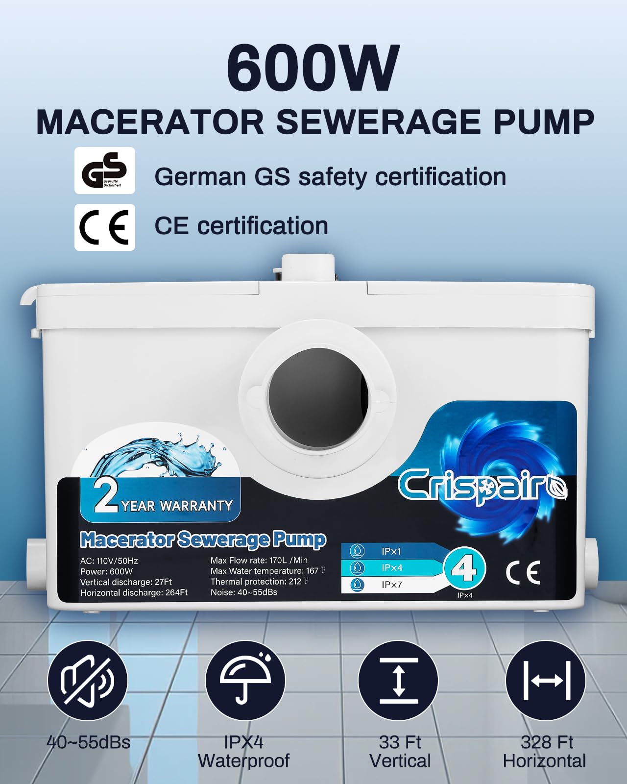 Crispaire 600W Macerator Sewerage Upflush Pump - 33Ft/328Ft, 170L/Min Flow for Basement Toilet, Sink, Shower, Kitchen, Laundry - 4 Water Inlets, Residential, 110V CE
