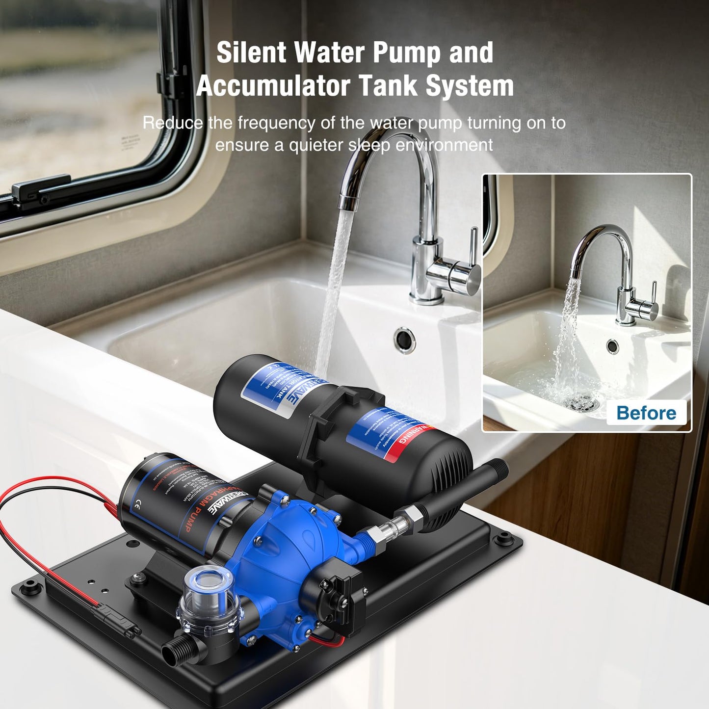 CrestWave RV Water Pump 12V DC 7GPM 70PSI and 1L 125PSI Pre-Pressurized Accumulator Tank, Quiet RV Water Pump and Accumulator Tank System for RV Camping, Boat, Kitchen, Bathroom