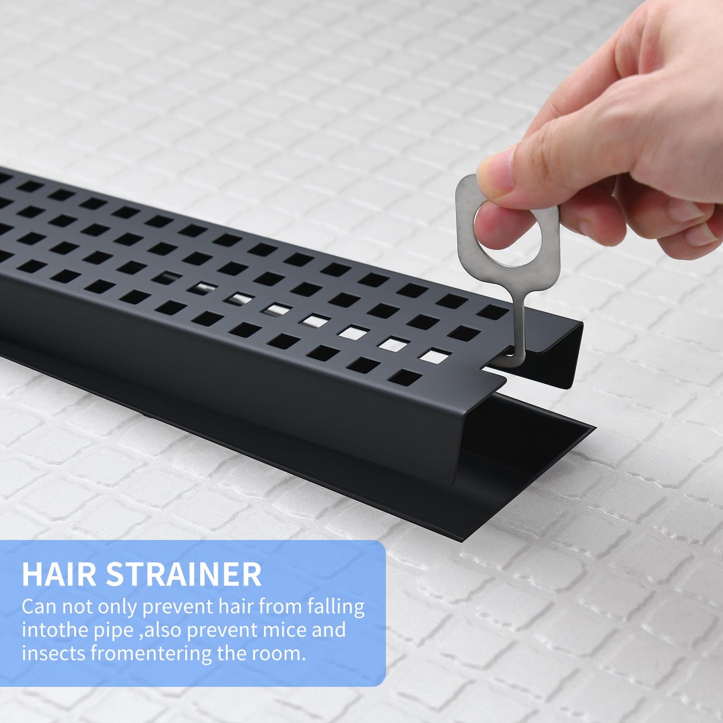 48 Inch Linear Shower Drain - Matte Black 304 Stainless Steel Rectangular Floor Drain with Adjustable Leveling Feet, Hair Strainer and Removable Grate