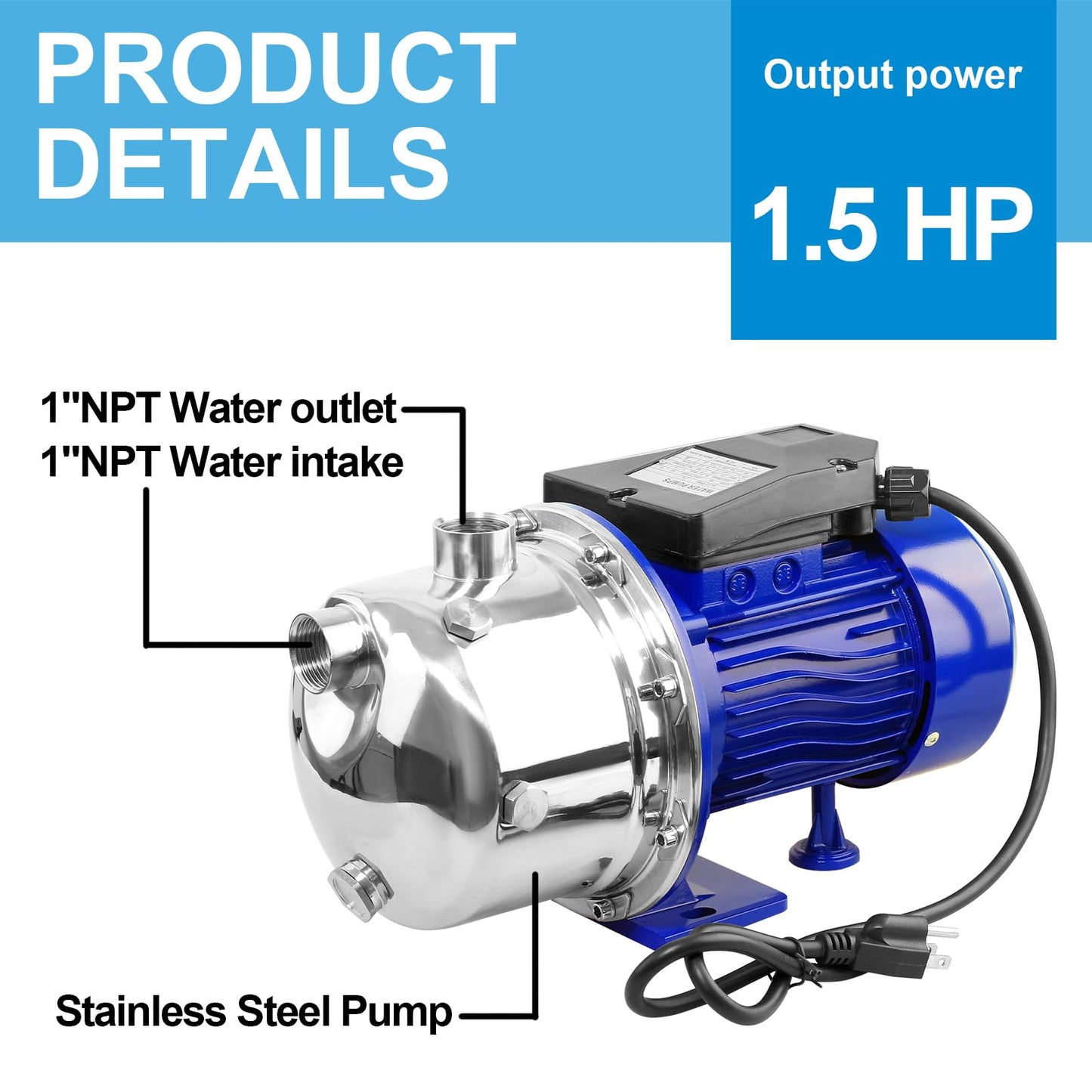 Rioflybee 1.5 HP Shallow Well Booster Pump, 115V 1320 GPH Self-Priming Automatic Booster Jet Pump with 160 FT Head, Stainless Steel Home Water Pressure Pump for Garden Lawn Farm