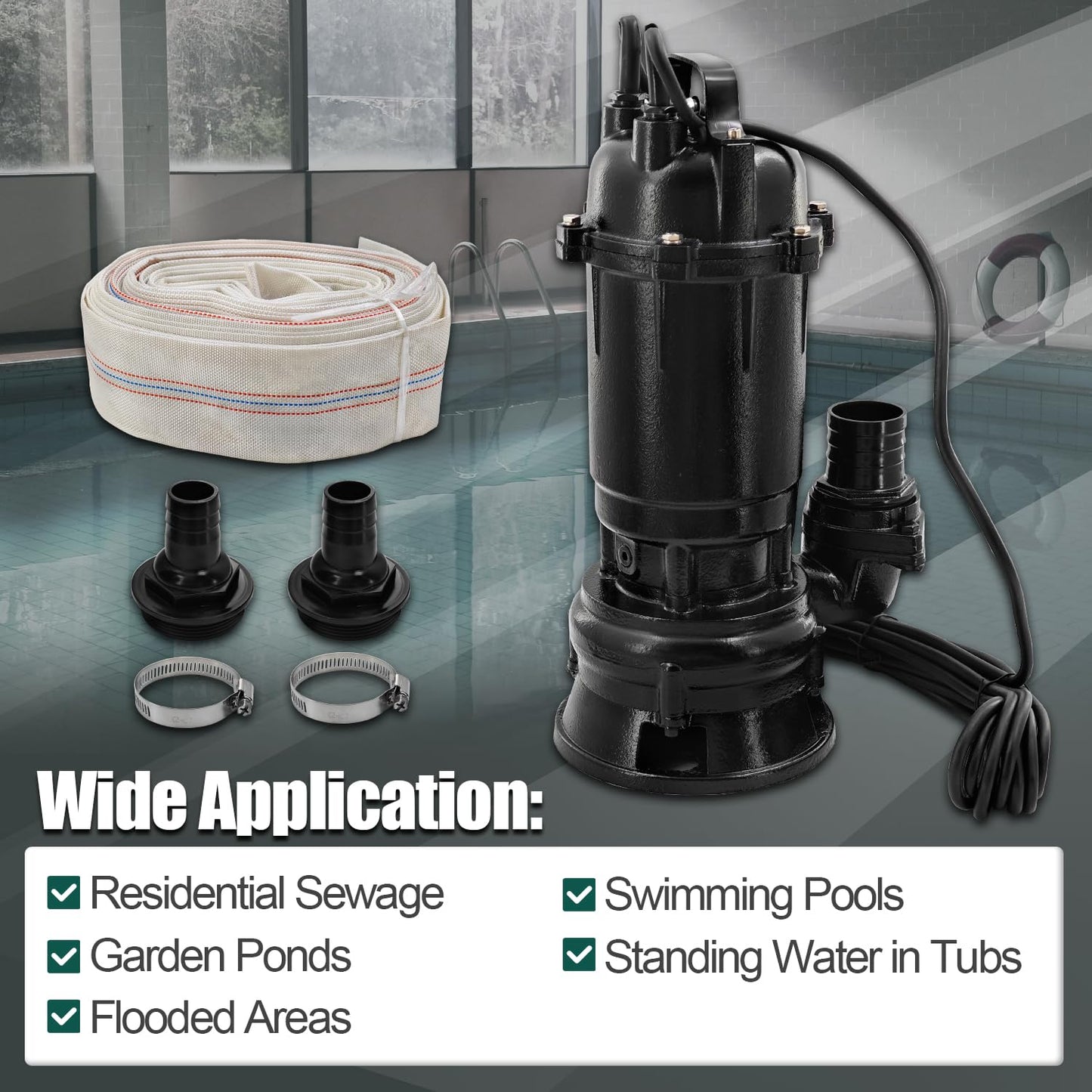 Dewinston 2HP 220V Submersible Sump Pump, 6498GPH Cast Iron Sewage/Effluent Pump 1500w with Automatic Float Switch and 66ft Hose for Sump Basin, Basement, Residential Sewage, 2'' NPT Discharge