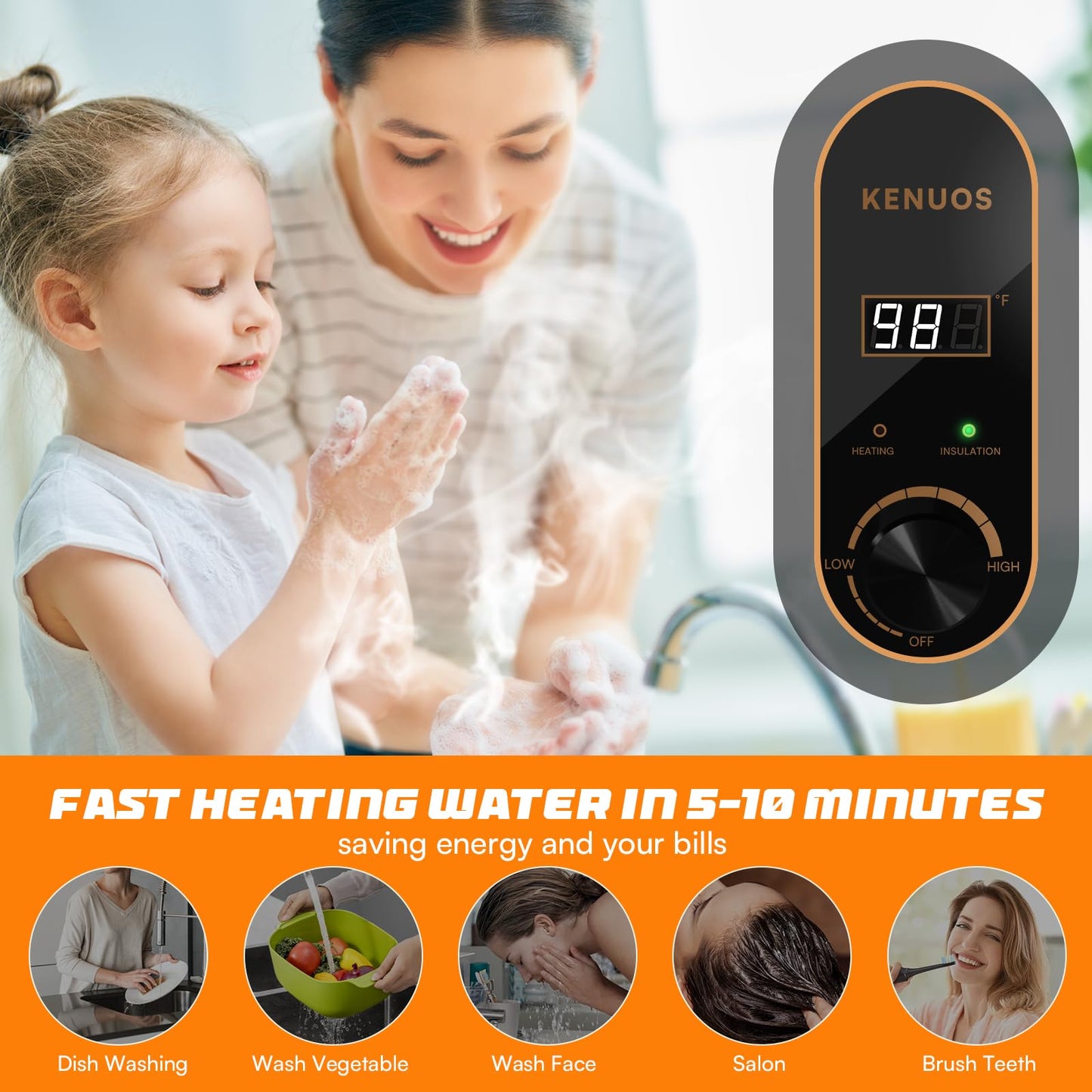 KENUOS Under Sink Instant Hot Water Heater,2.5 Gallon Mini Tank Water Heaters with LED Display,1500W 120V Small Water Heater 1/2" NPT for RV,Kitchen,Compact Design with T&P Valve,3-Way Fitting Valve