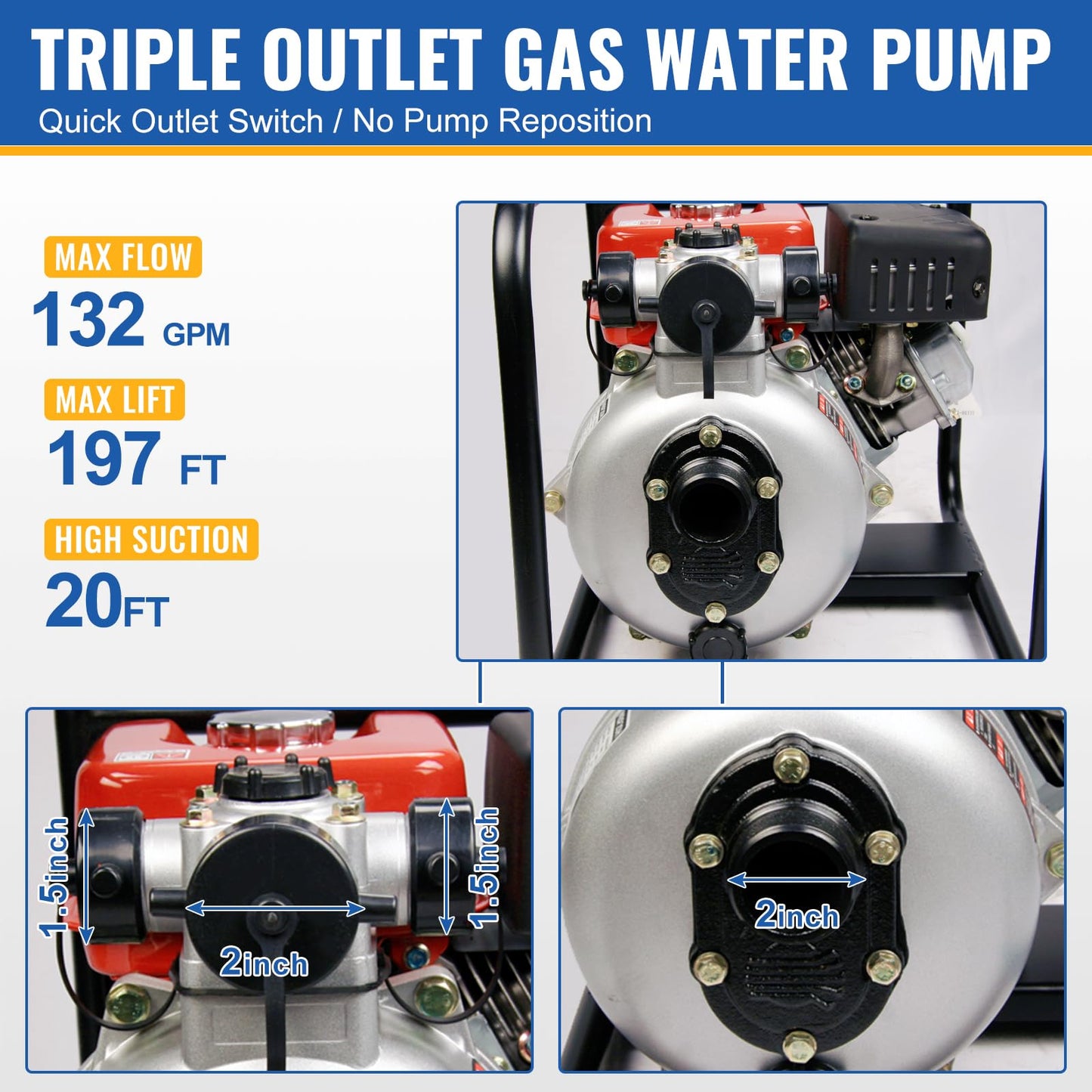 TOOLCY Trash Pump 2 inch with 6HP 181cc 132GPM 4-Cycle Gasoline Engine, Gas Powered Water Triple Outlet (2"/1.5"), Commercial Water Transfer Pump for Long-Distance Irrigation & Sprinkler Systems