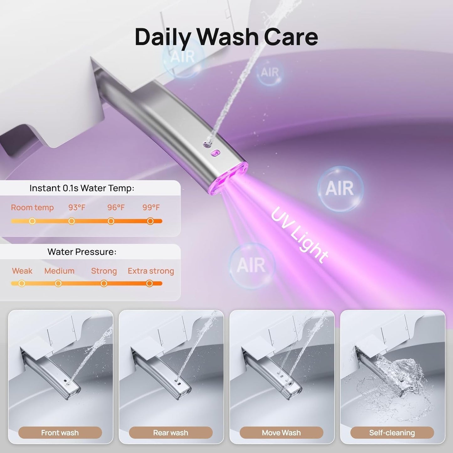 Smart Toilet with Bidet Built-in: Auto Dual Flush Bidet Toilet with Dryer, 4 Wash Options, One Piece Toilet with Child Mode, Heated Seat, Foot Sensor, UV-C Night Light, Pre Wet, Manual Lid/Seat