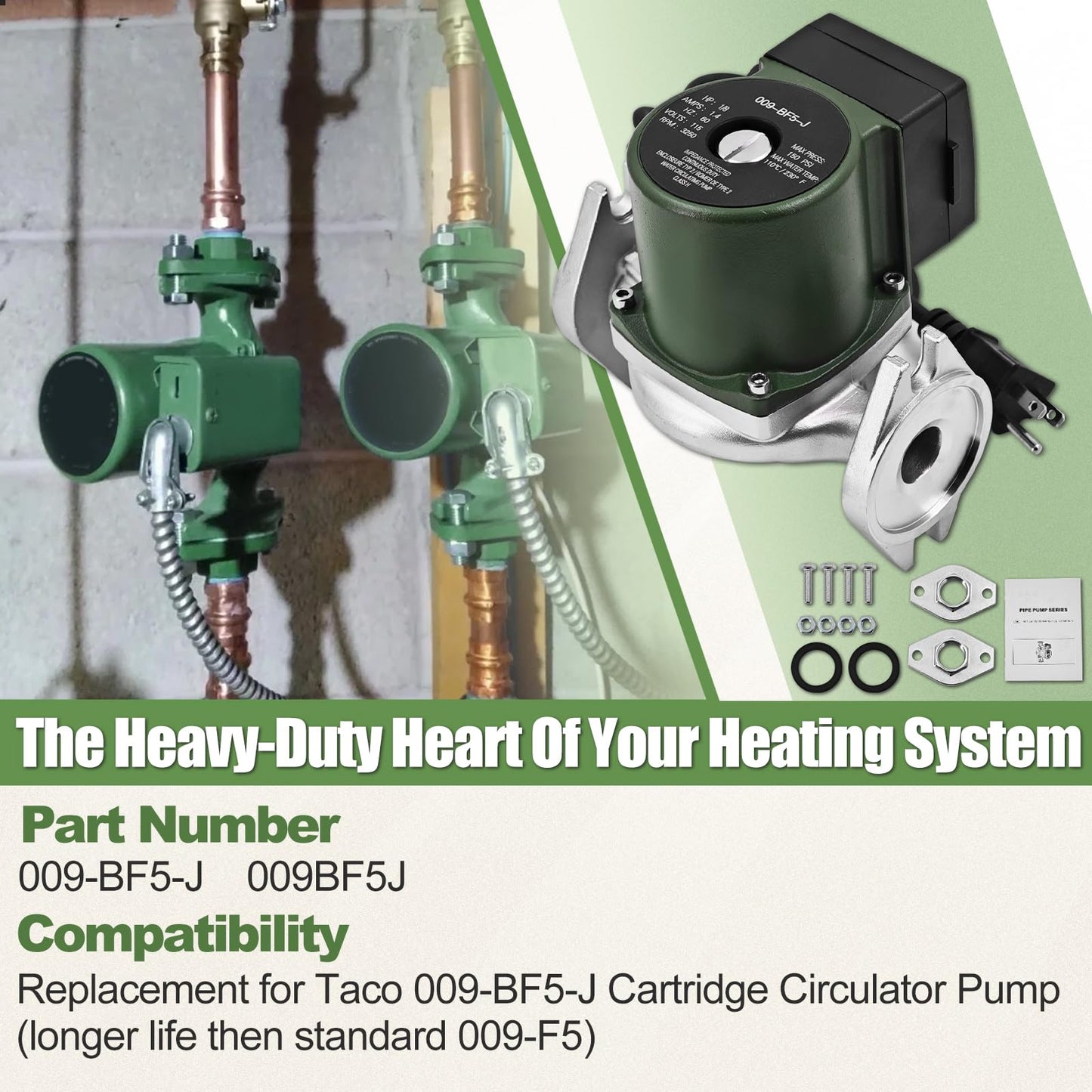 009-BF5-J 1/8HP 115V Stainless Steel Cartridge Circulator Pump Replacement for Taco 009-F5 High Velocity Water Circulating Pump 150PSI 10GPM Single Phase