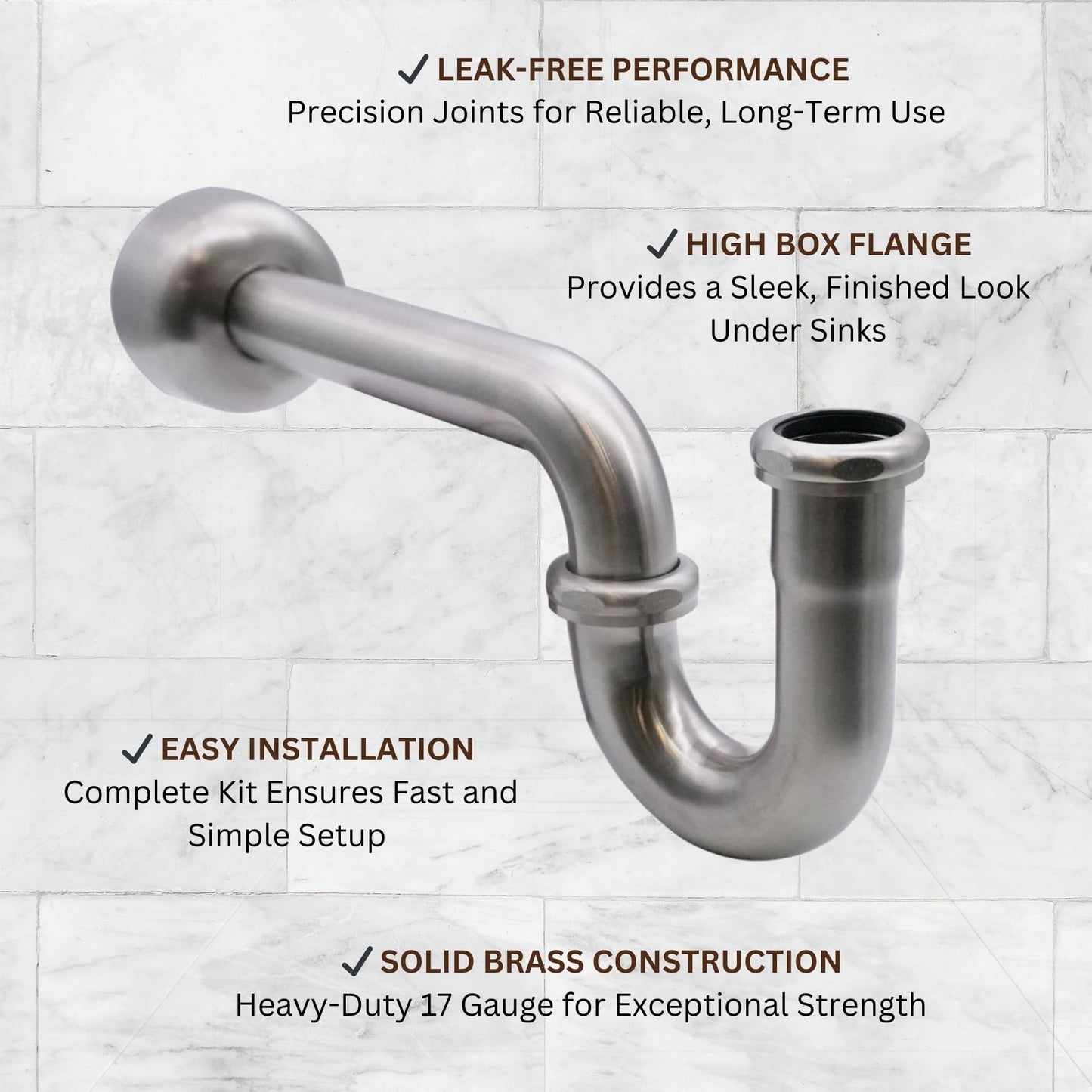 Westbrass A401-1-07 1-1/4" x 1-1/4" P-Trap with High Box Flange, Satin Nickel
