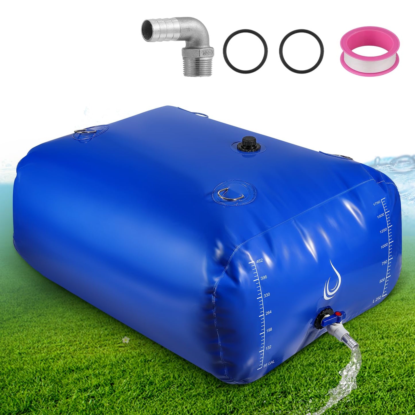 LANUEVA 528 Gal/2000L Portable Water Storage Bladder, 1000D PVC Foldable Water Tank with Spigots and Overflow Kit, Water Storage Containers for Emergency Water, RV, Irrigation&Camping (Blue, 2000L)