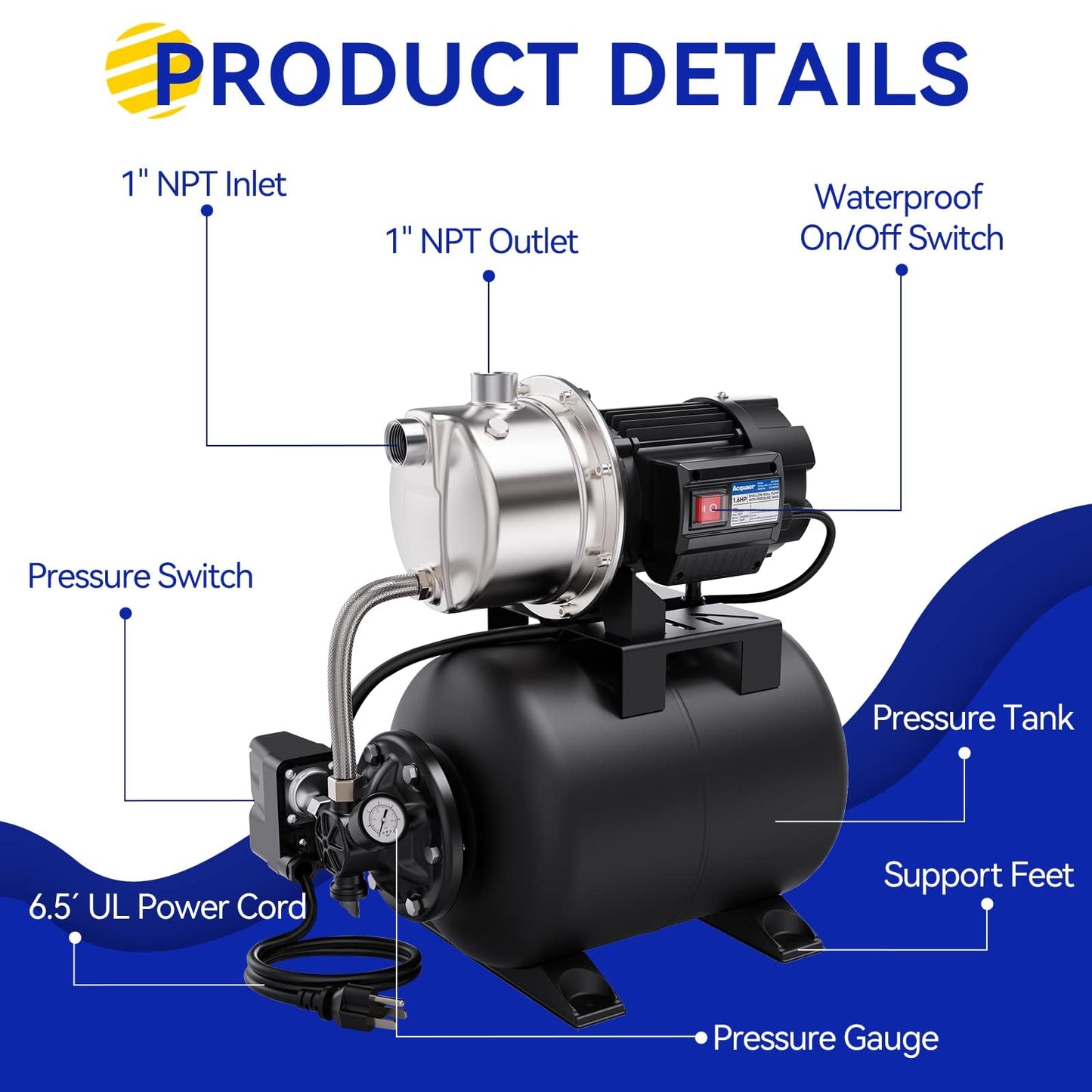 Acquaer 115V Shallow Well Garden Pump, Stainless Steel, Automatic Water Booster Jet Pump 1320 GPH, for Irrigation, Home, Garden, Lawn,1.6 HP with Pressure Tank