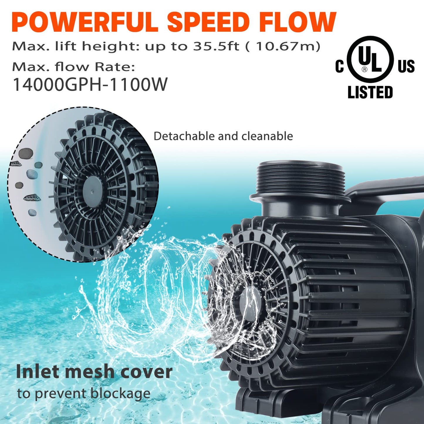 WaterRebirth (14000GPH, UL Listed) PS- High Flow Submersible Water Pond Pump - Water Aquarium Fountain Pump - Aquarium,UL listed (14000GPH-1100W)