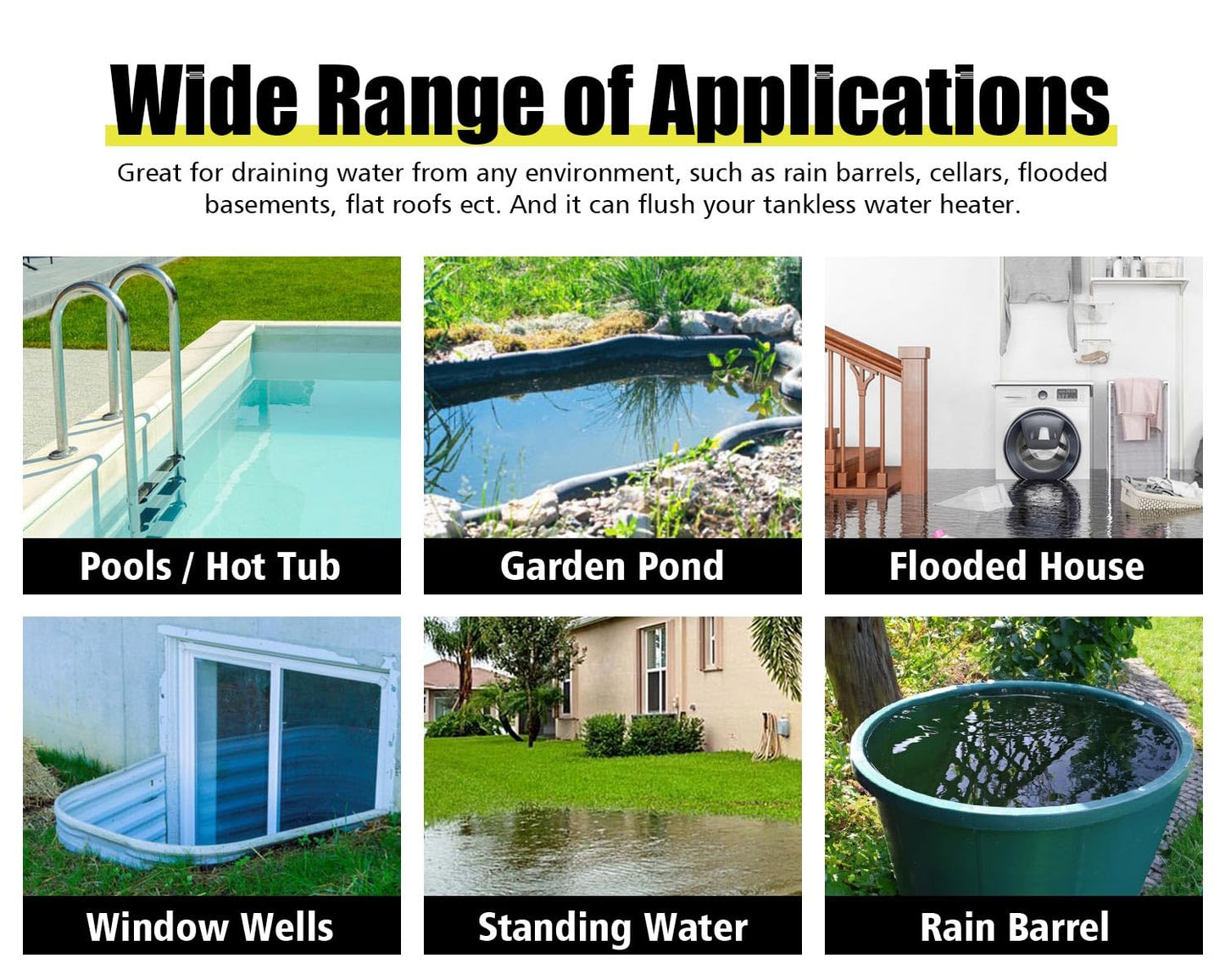 6699 6500GPH Powerful Sump Pump with 1-1/2”Backwash Hose PVC Lay Flat Discharge Hose 1.5HP Sewage Effluent Pump with Float Switch 16FT Power Cord for Flooded House, Sump Pit, Pond Water Removal